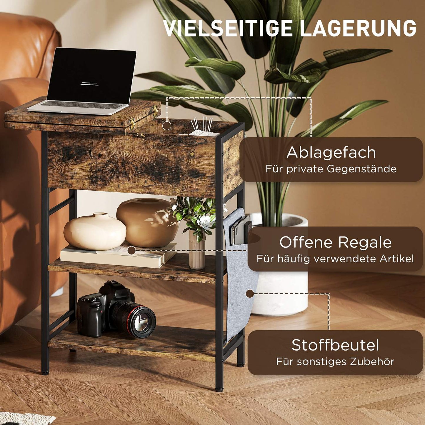 Side Table with Power Strip, USB Ports, 2-Tier Storage, Rustic Brown