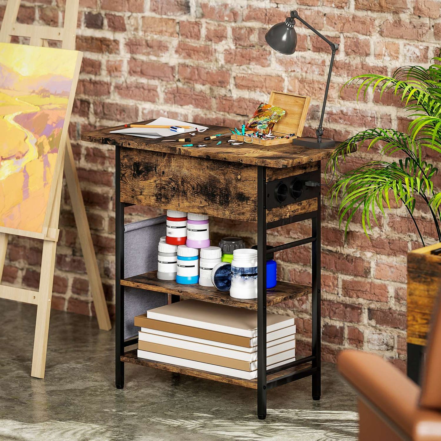 Side Table with Power Strip, USB Ports, 2-Tier Storage, Rustic Brown