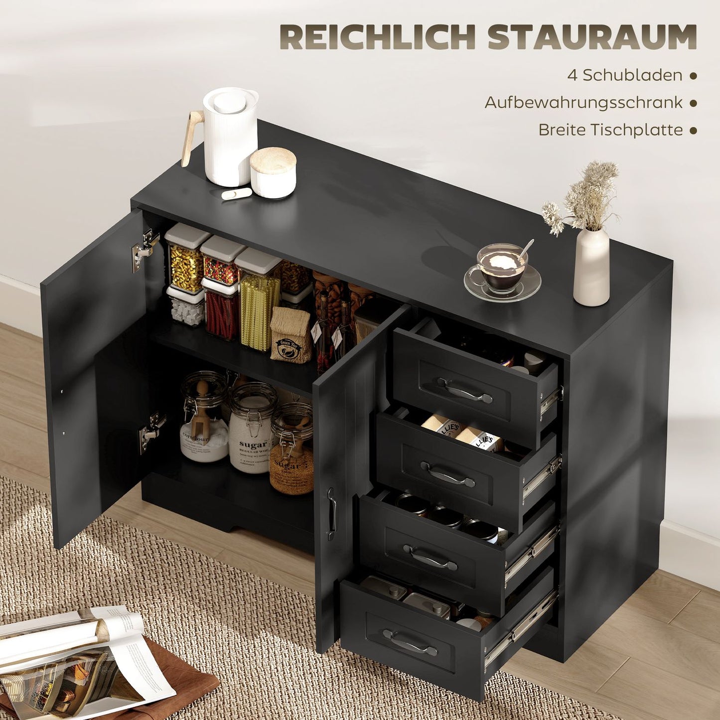 Sideboard, Modern Style, 4 Drawers, 1 Cabinet, Black
