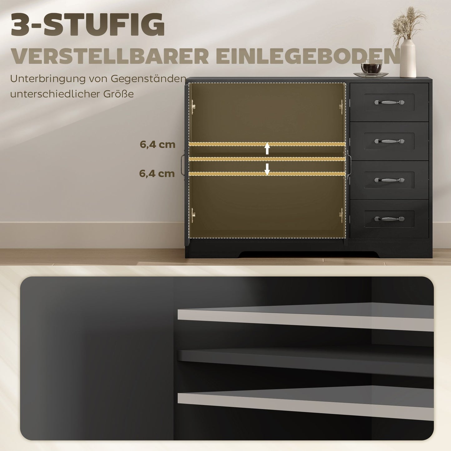 Sideboard, Modern Style, 4 Drawers, 1 Cabinet, Black