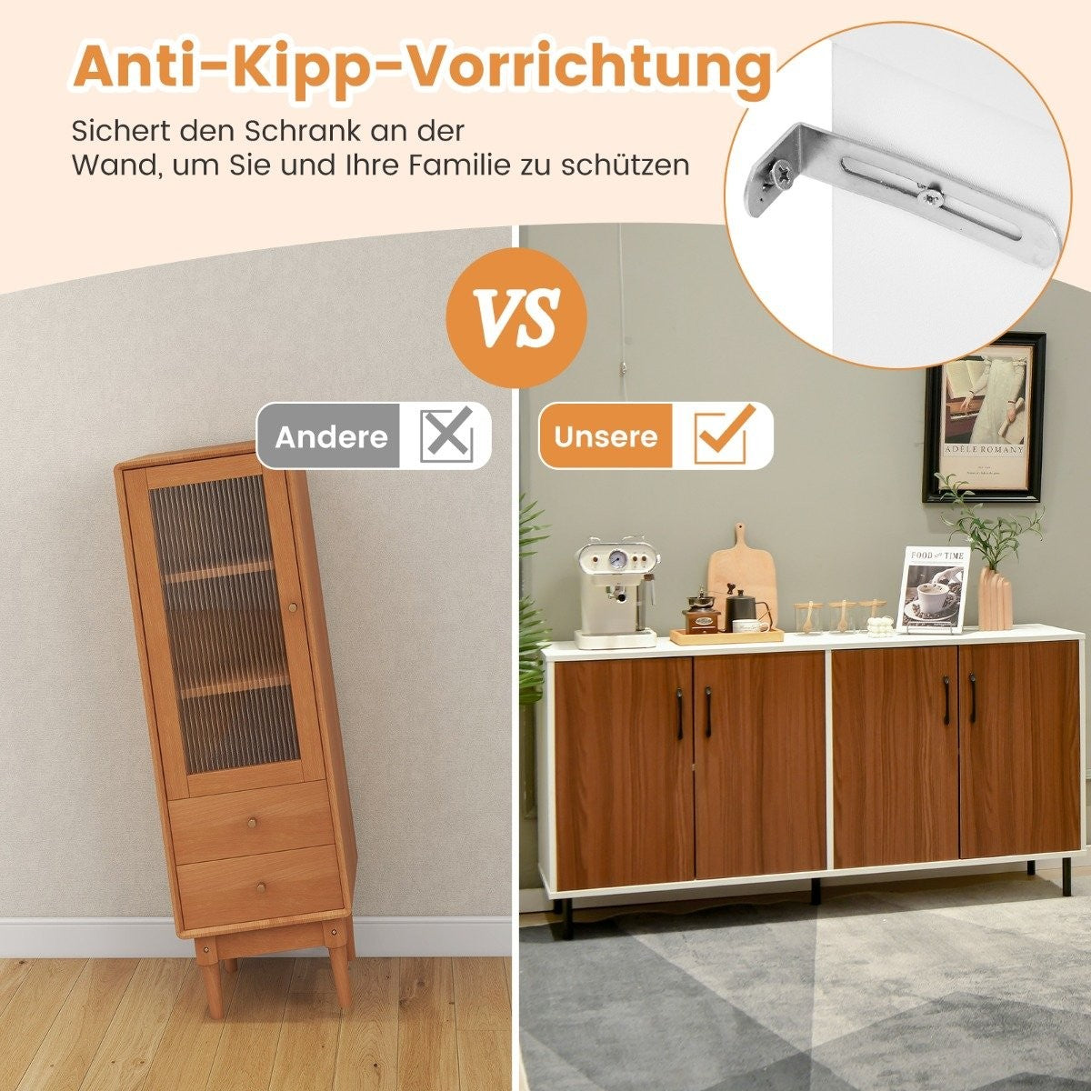 Sideboard chest of drawers with 4 doors sideboard cabinet wood 148 x 40 x 75.5 cm walnut
