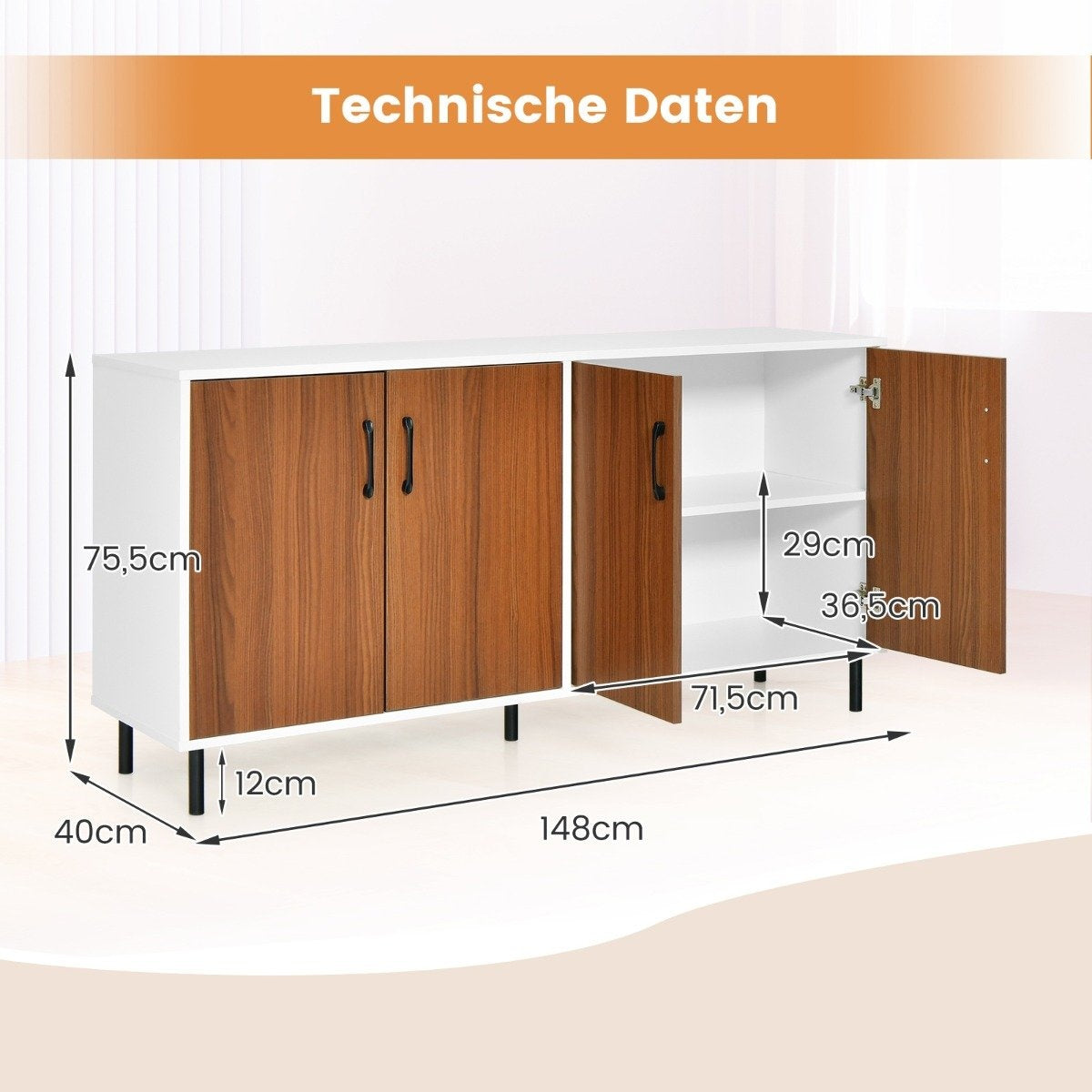 Sideboard chest of drawers with 4 doors sideboard cabinet wood 148 x 40 x 75.5 cm walnut