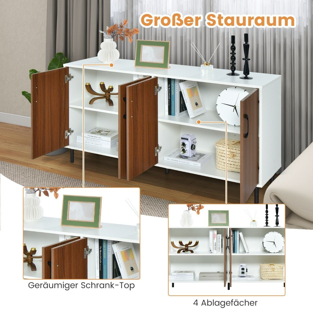 Sideboard chest of drawers with 4 doors sideboard cabinet wood 148 x 40 x 75.5 cm walnut