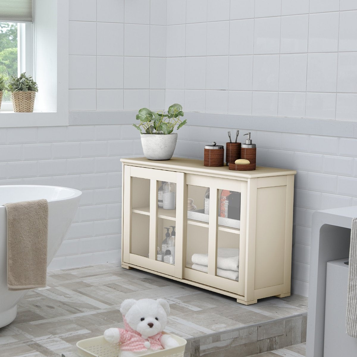 Sideboard kitchen cabinet living room rule with sliding doors cream white 106.5 x 33 x 62.5 cm
