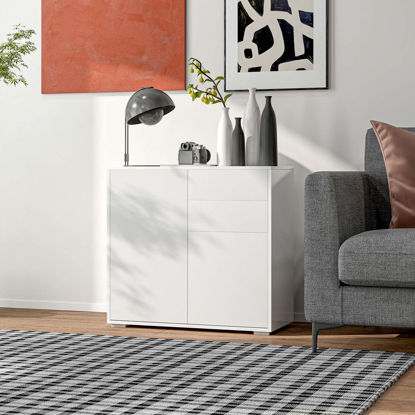 White storage sideboard - Adjustable shelf & drawer, 79x36x75 cm