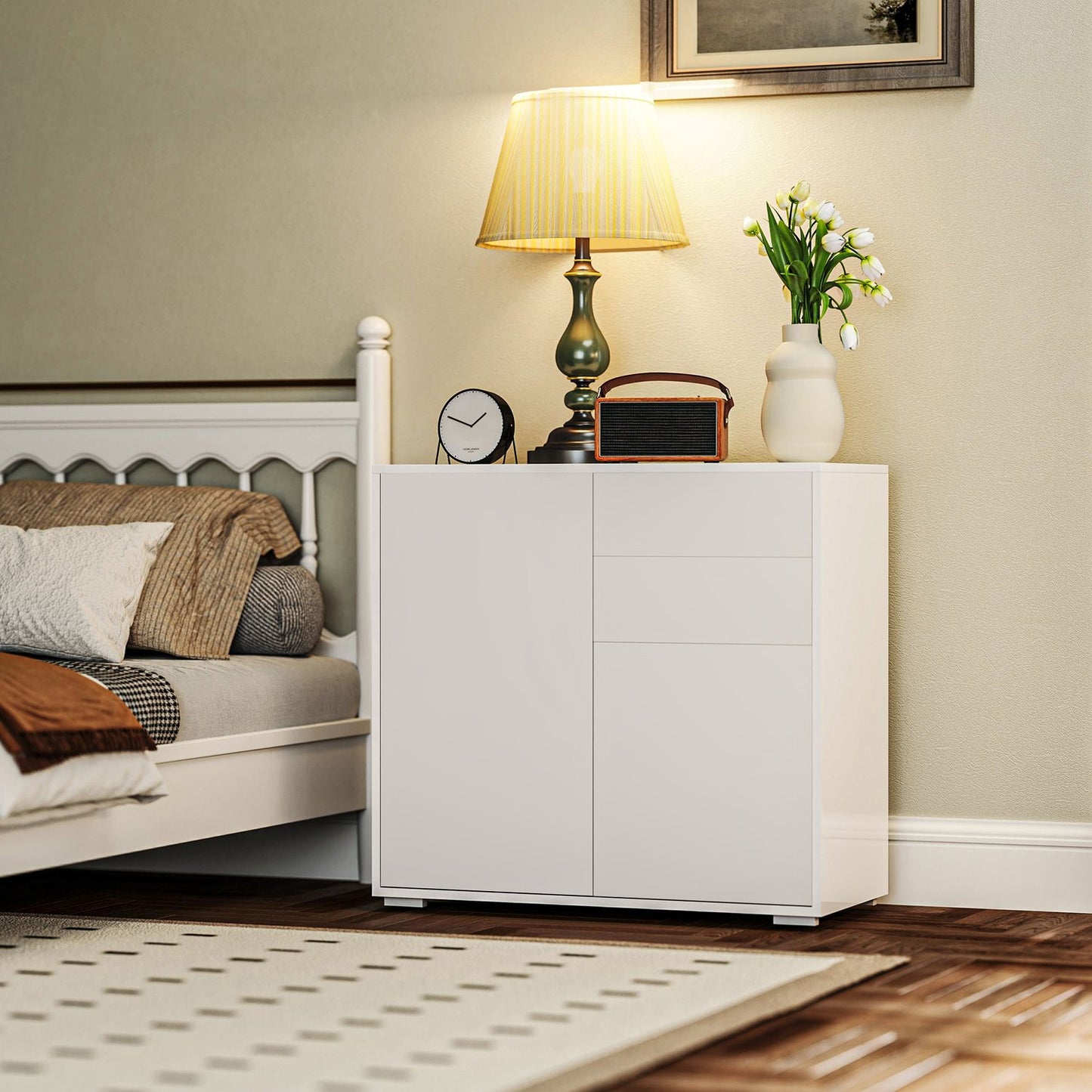White storage sideboard - Adjustable shelf & drawer, 79x36x75 cm