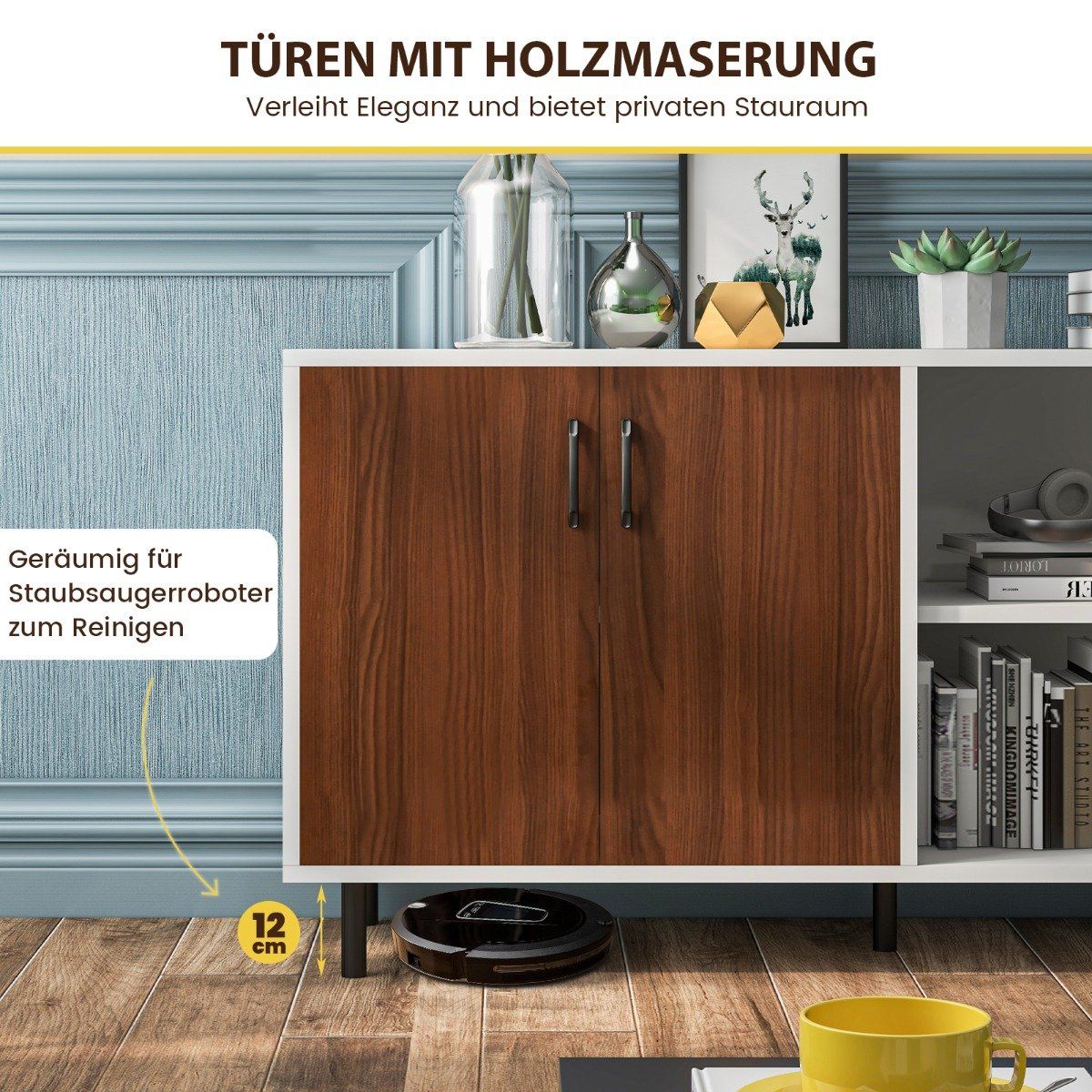 Sideboard with cupboard and 2 open compartments chest of drawers made of wood 148 x 40 x 75cm walnut