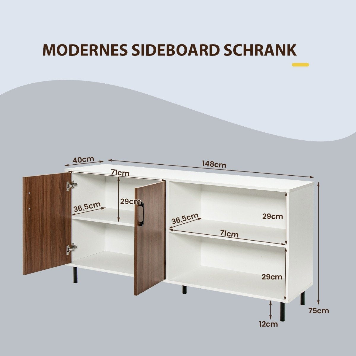 Sideboard with cupboard and 2 open compartments chest of drawers made of wood 148 x 40 x 75cm walnut