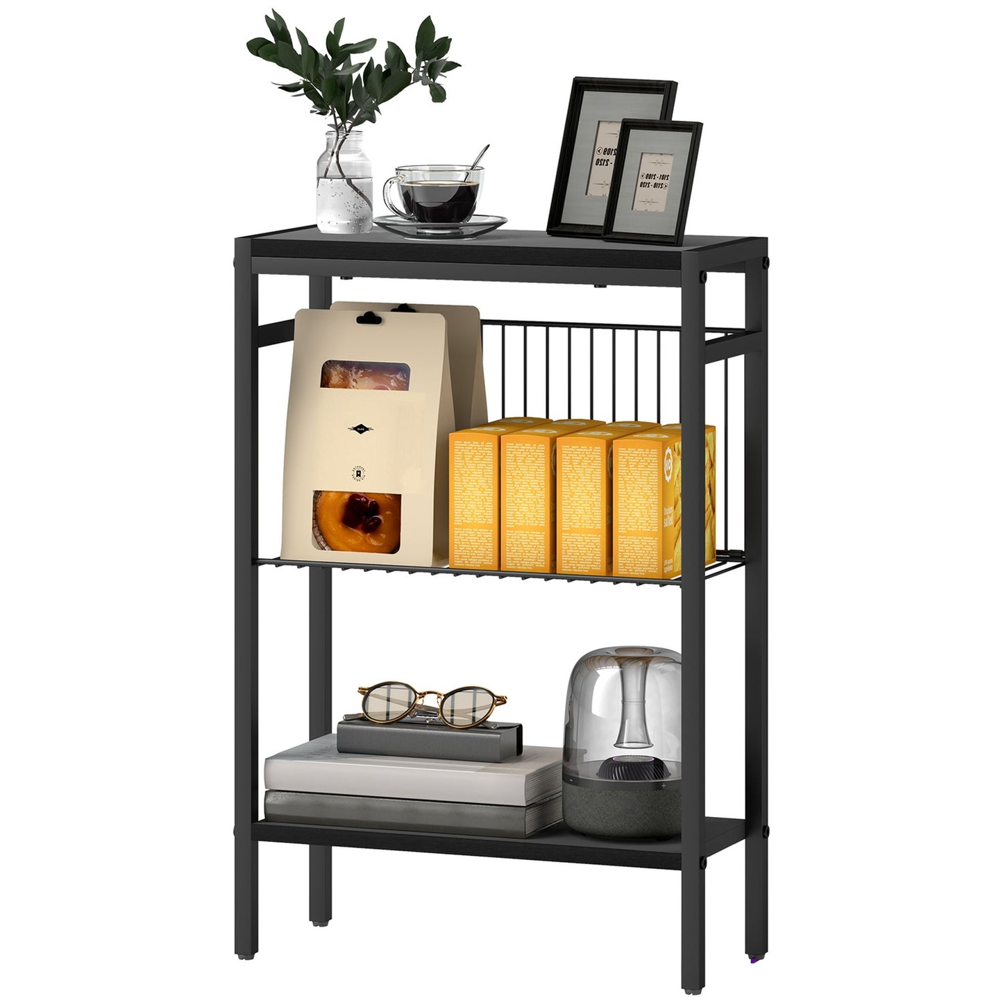 Side Table with 3-Tier Wood Shelves and Steel Frame, Black