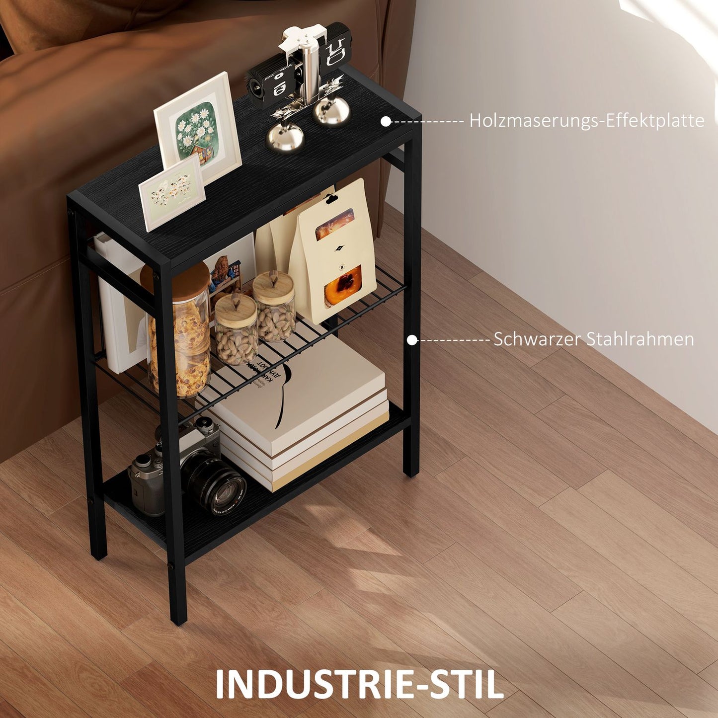 Side Table with 3-Tier Wood Shelves and Steel Frame, Black