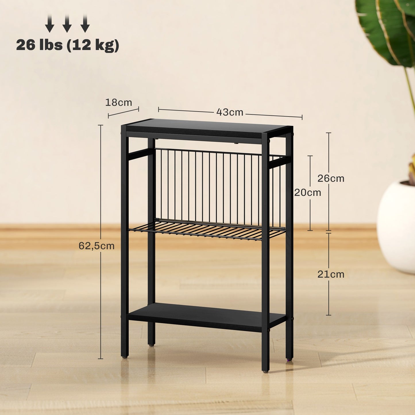 Side Table with 3-Tier Wood Shelves and Steel Frame, Black