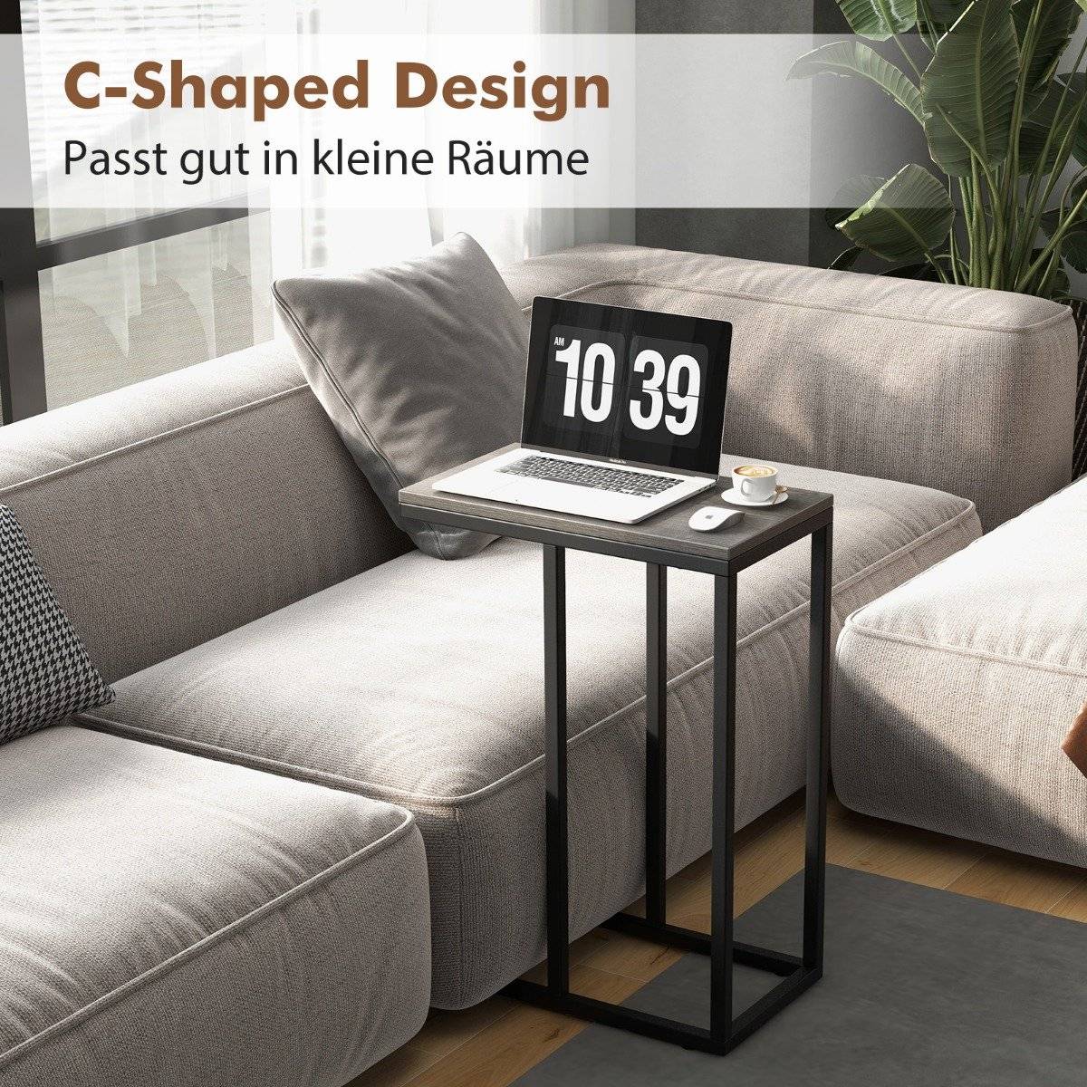 Side table C-shape sofa table with metal frame coffee table for living room gray