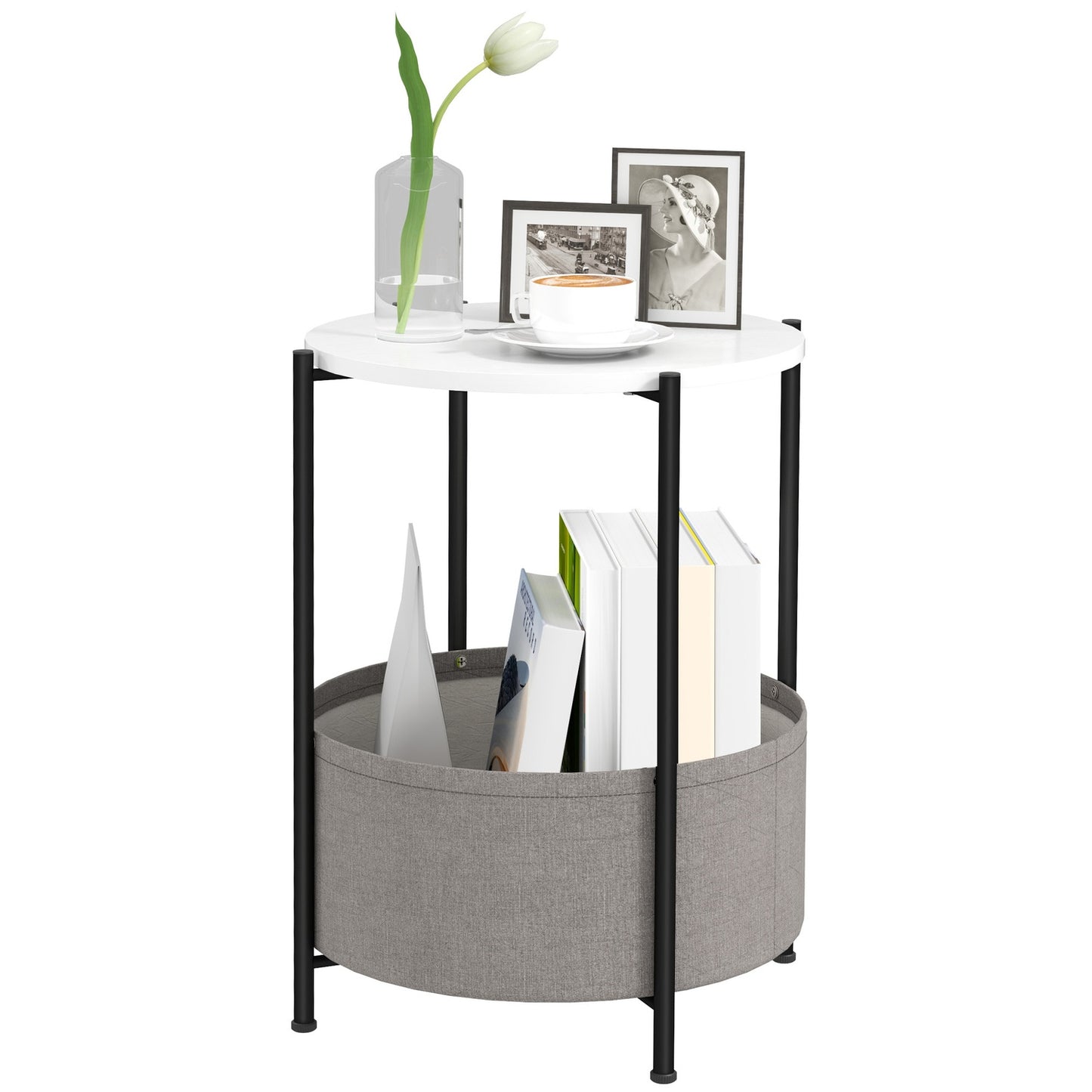 Round coffee table with storage and fabric basket, 44x44x56 cm