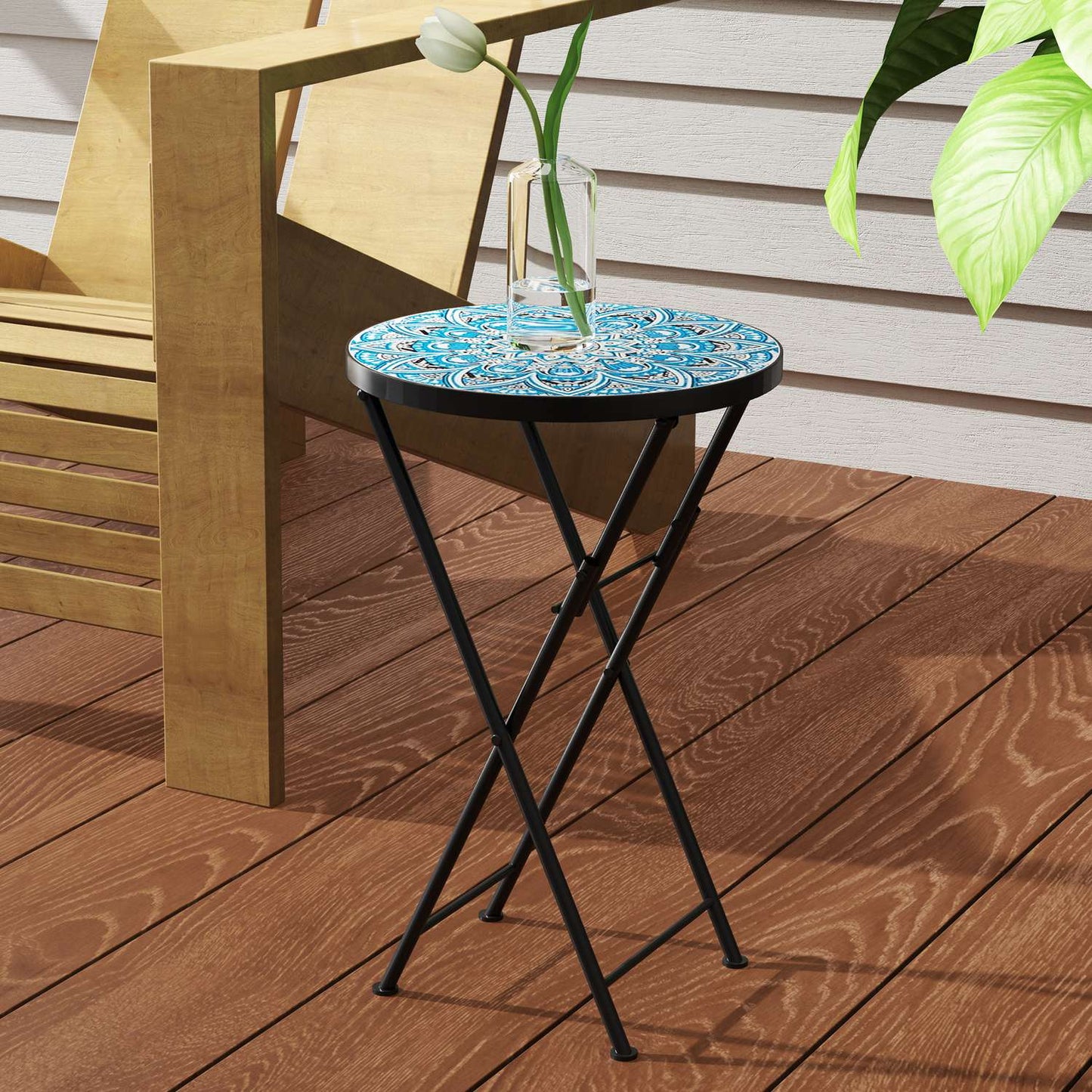 Blue Mosaic Folding Metal Table, Weather Resistant - Indoor/Outdoor