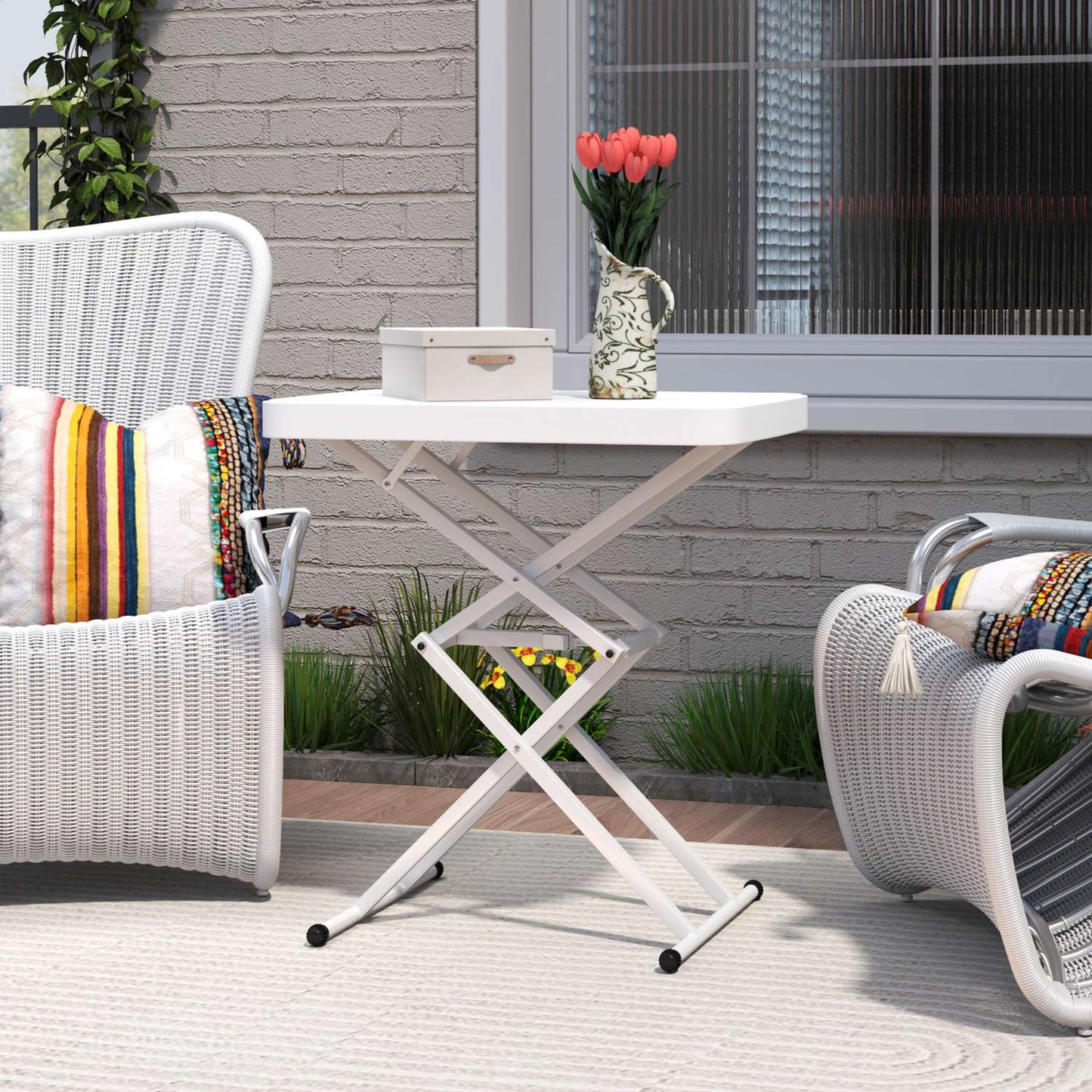 Adjustable outdoor garden table - plastic, folding, white