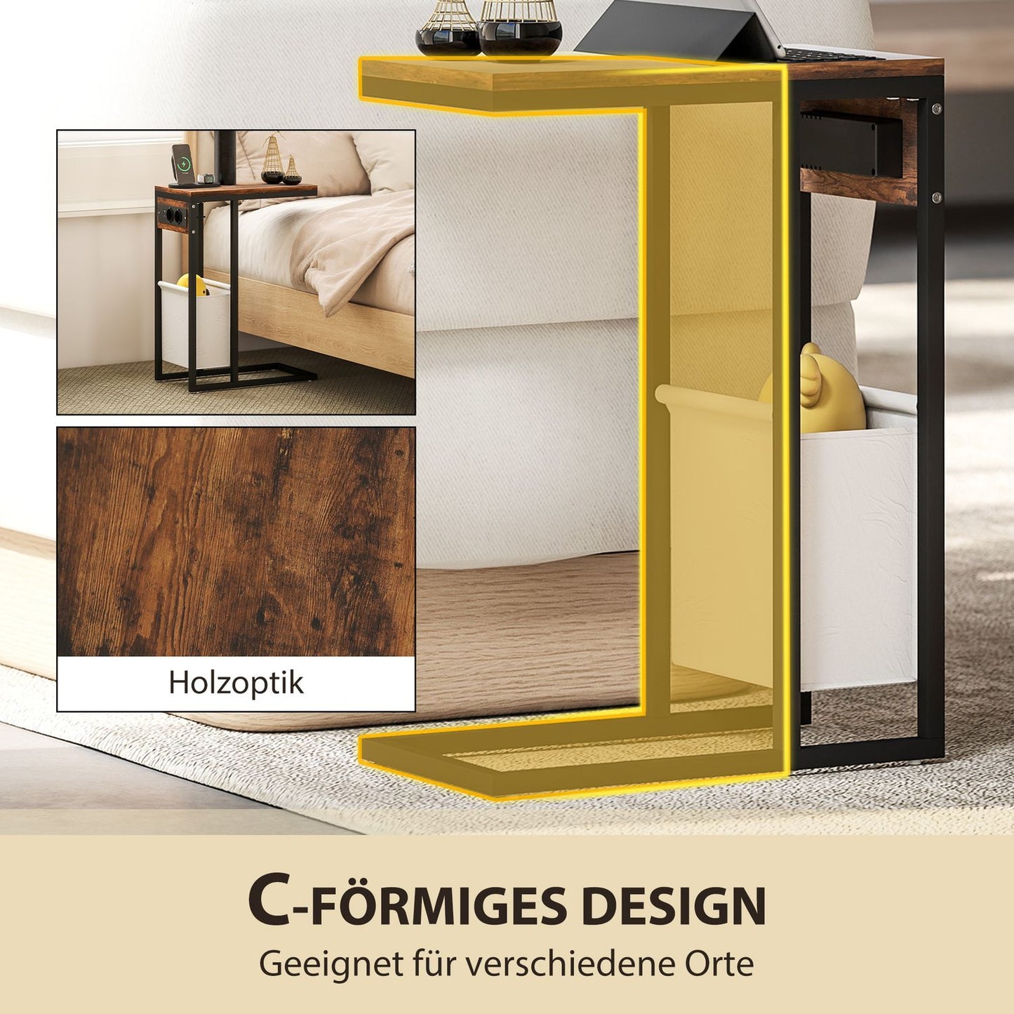 Side Table with Outlets & USB Ports, C-Shaped Design
