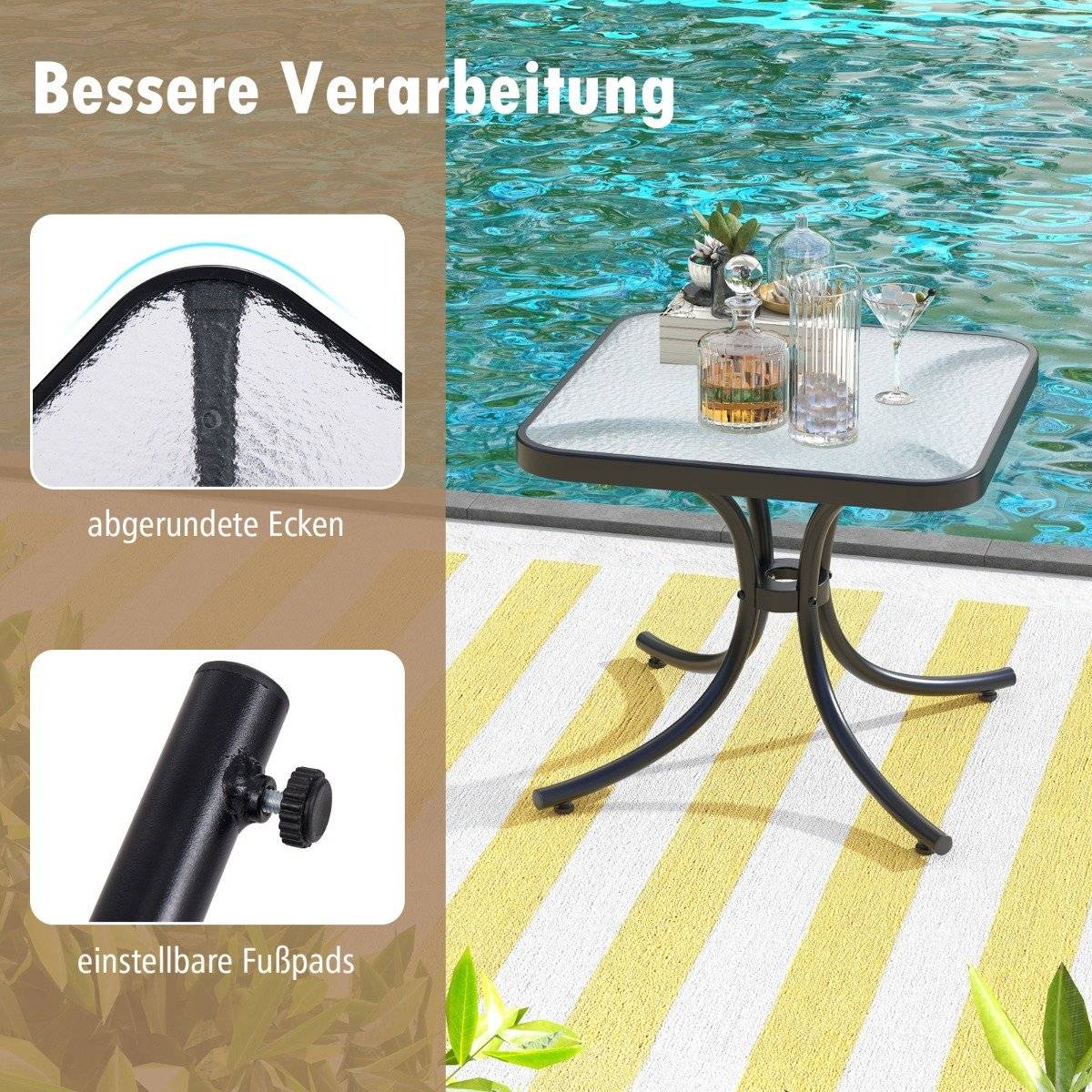 Side table with table top made of tempered glass, weatherproof balcony table, small garden table
