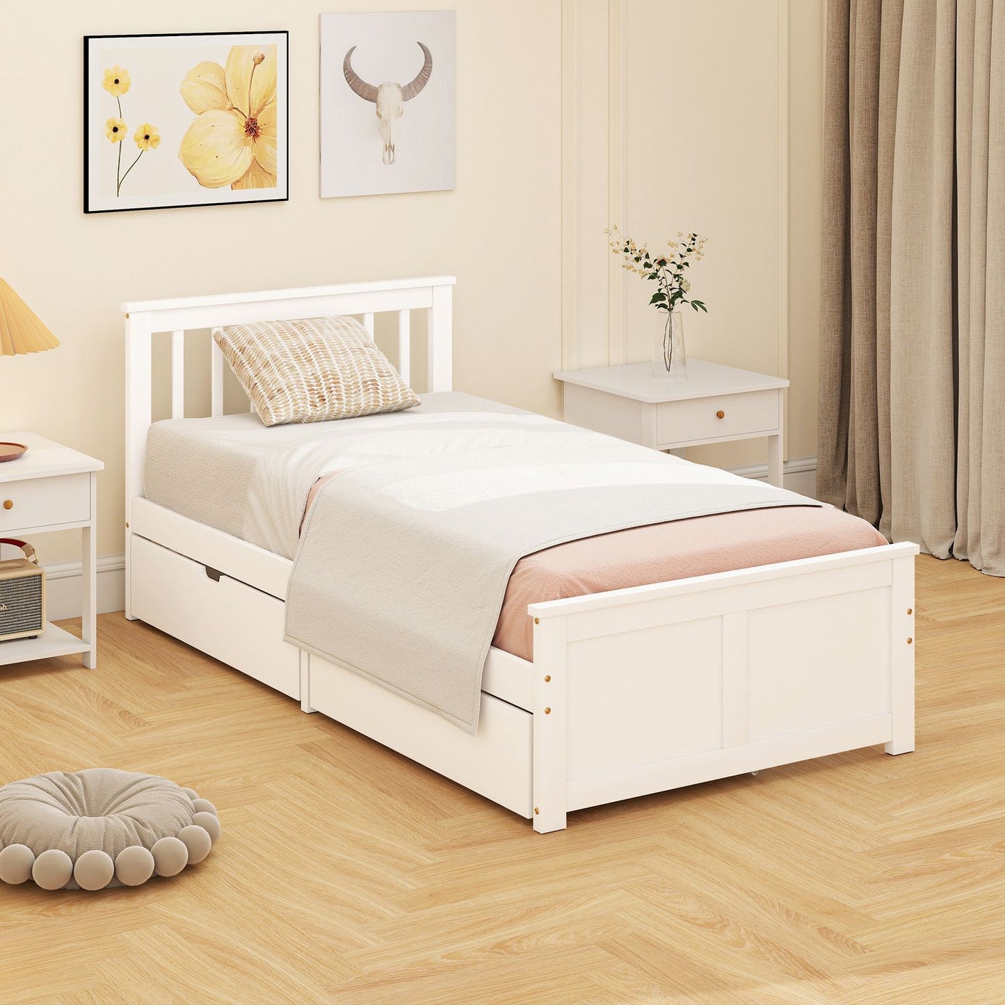 Single Bed Frame with Drawers, Wood, 90x200 cm, White