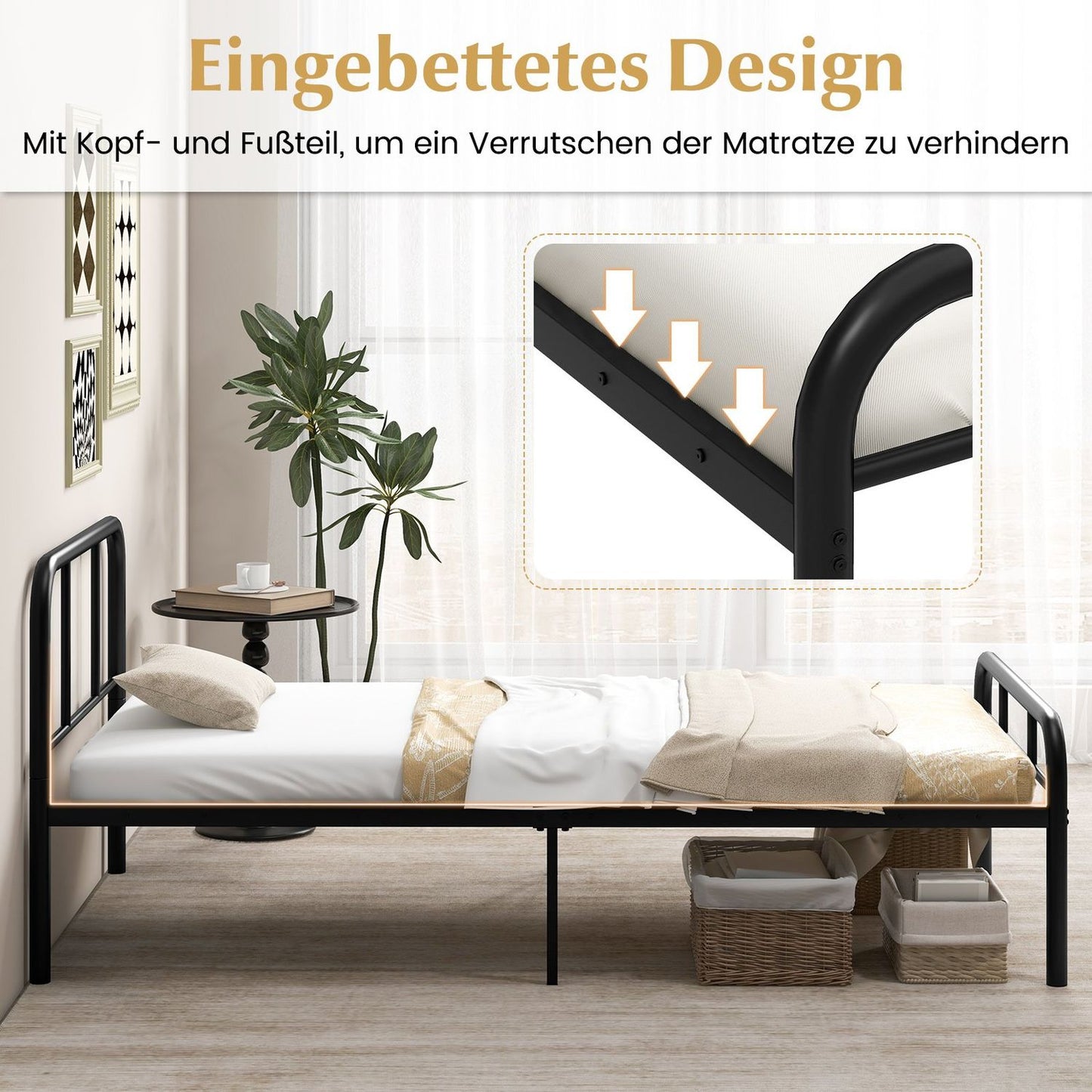 Single Metal Bed Frame with Headboard & Footboard, 90x200 cm