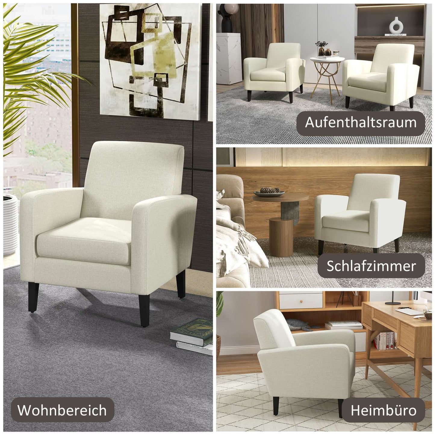 Creamy white linen-look armchair, padded, wooden legs