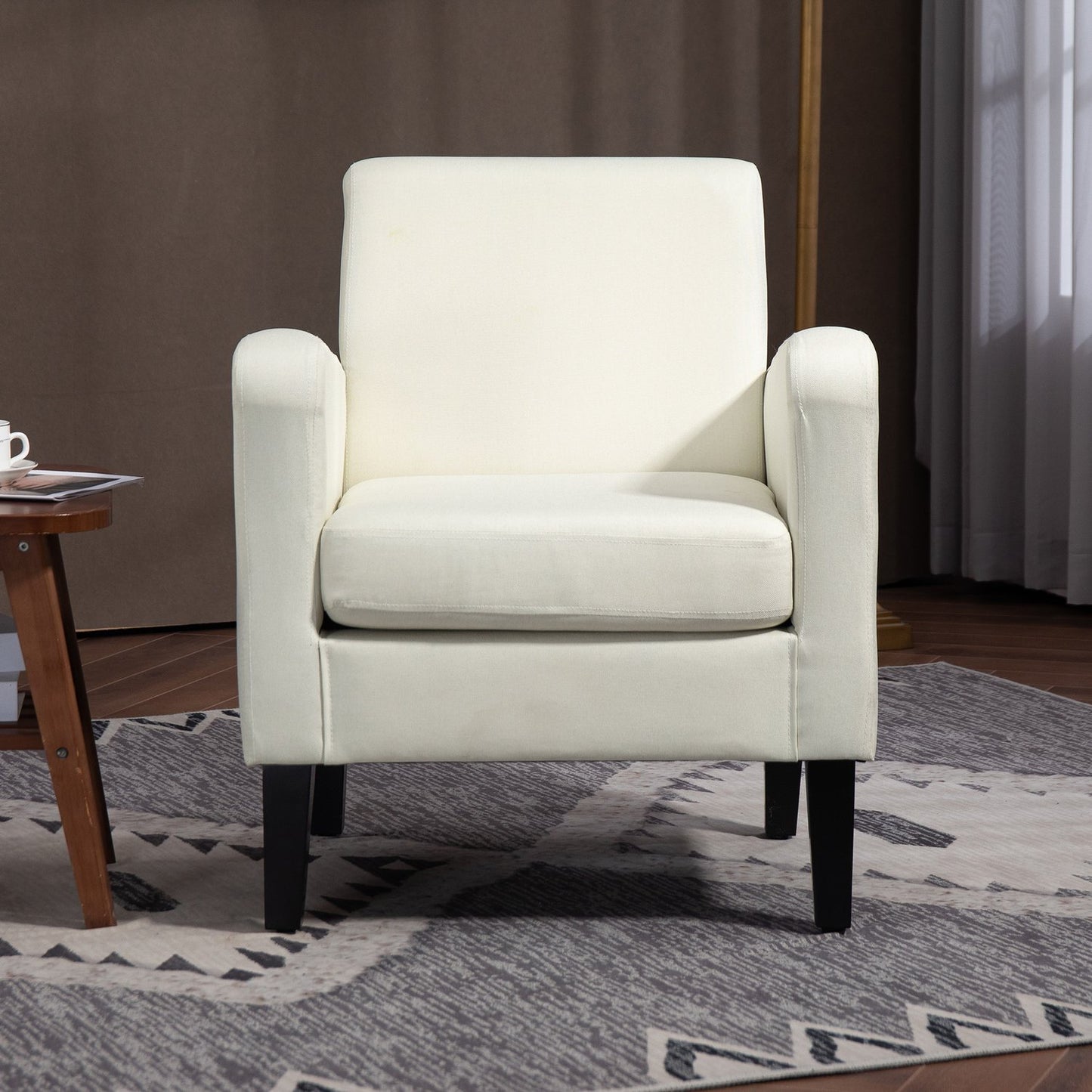 Creamy white linen-look armchair, padded, wooden legs