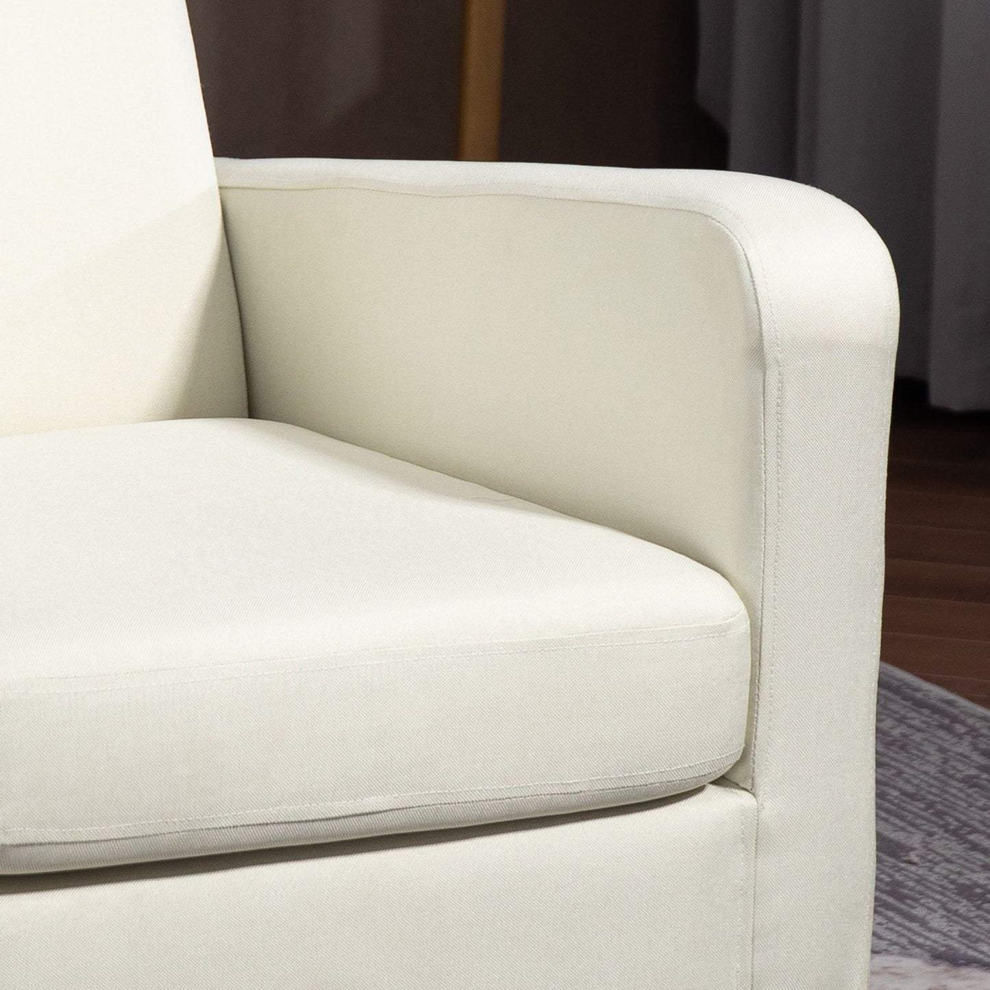 Creamy white linen-look armchair, padded, wooden legs