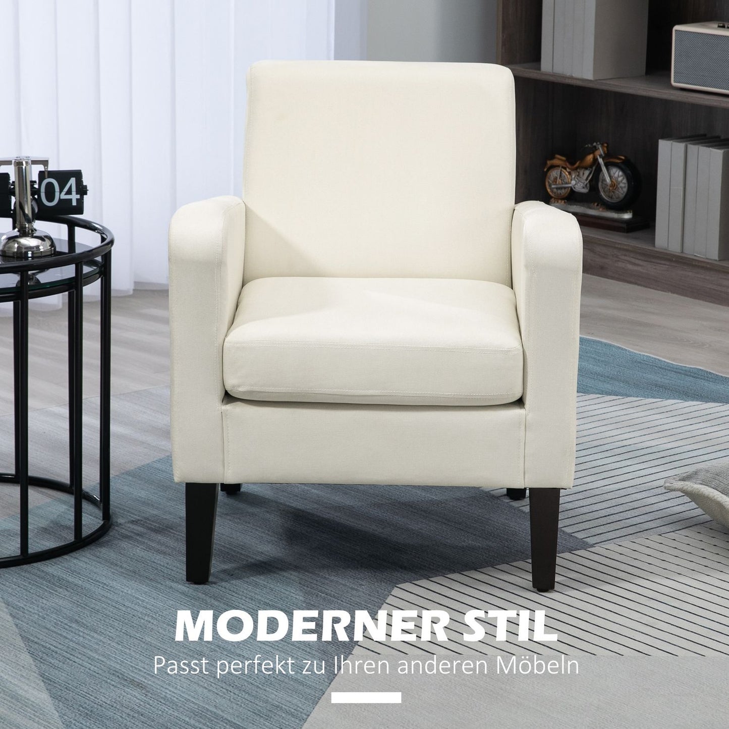 Creamy white linen-look armchair, padded, wooden legs