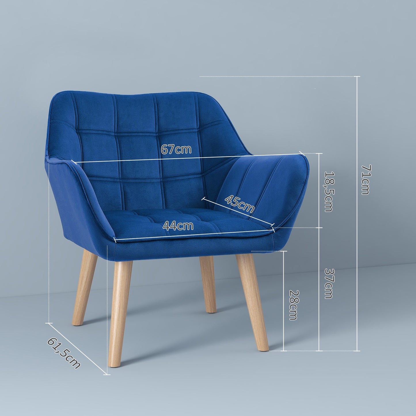 Velvet Wingback lounge chair, blue, raised legs, 67x61.5x71 cm