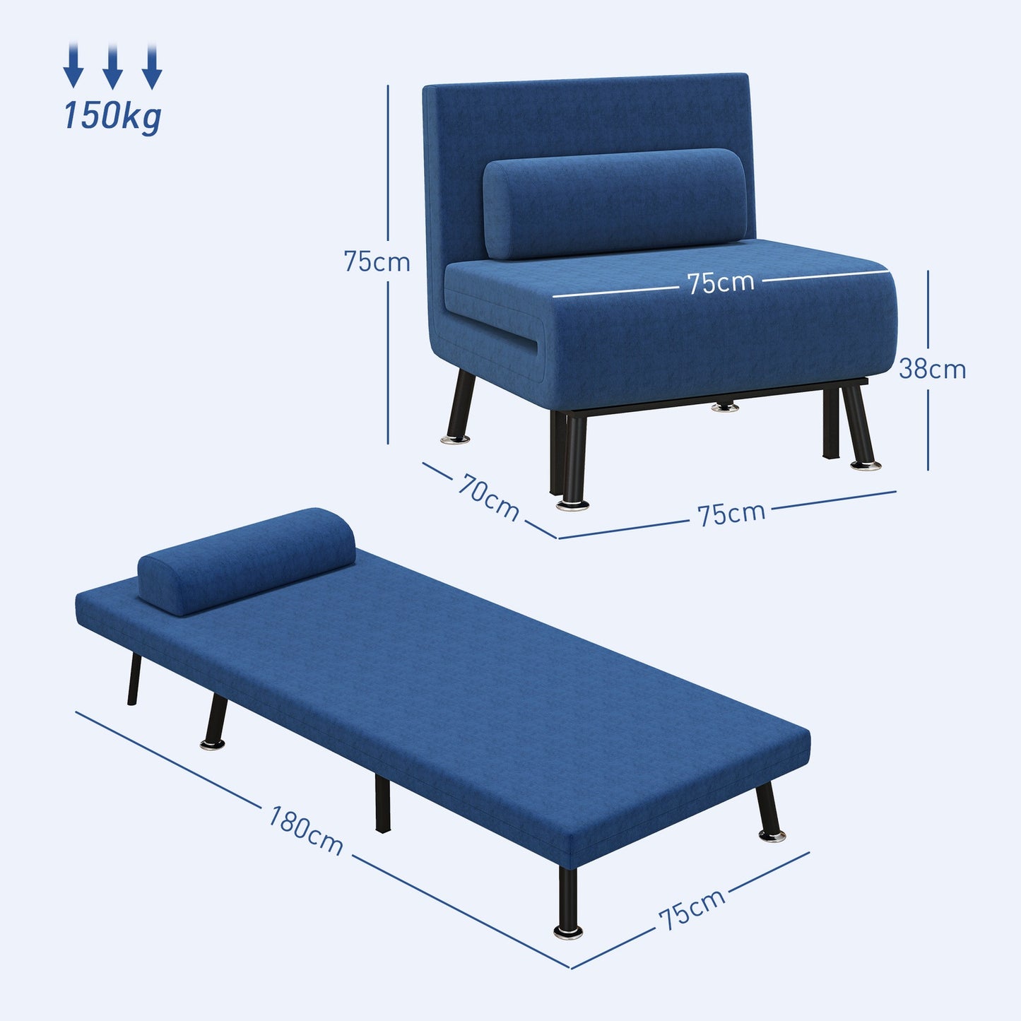 Convertible lounge chair, dark blue, adjustable backrest