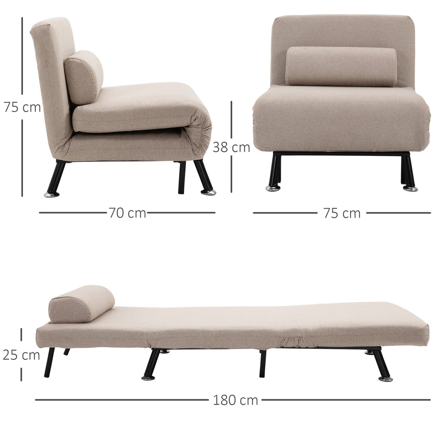 Folding sleeper, adjustable linen, beige, 150 kg capacity