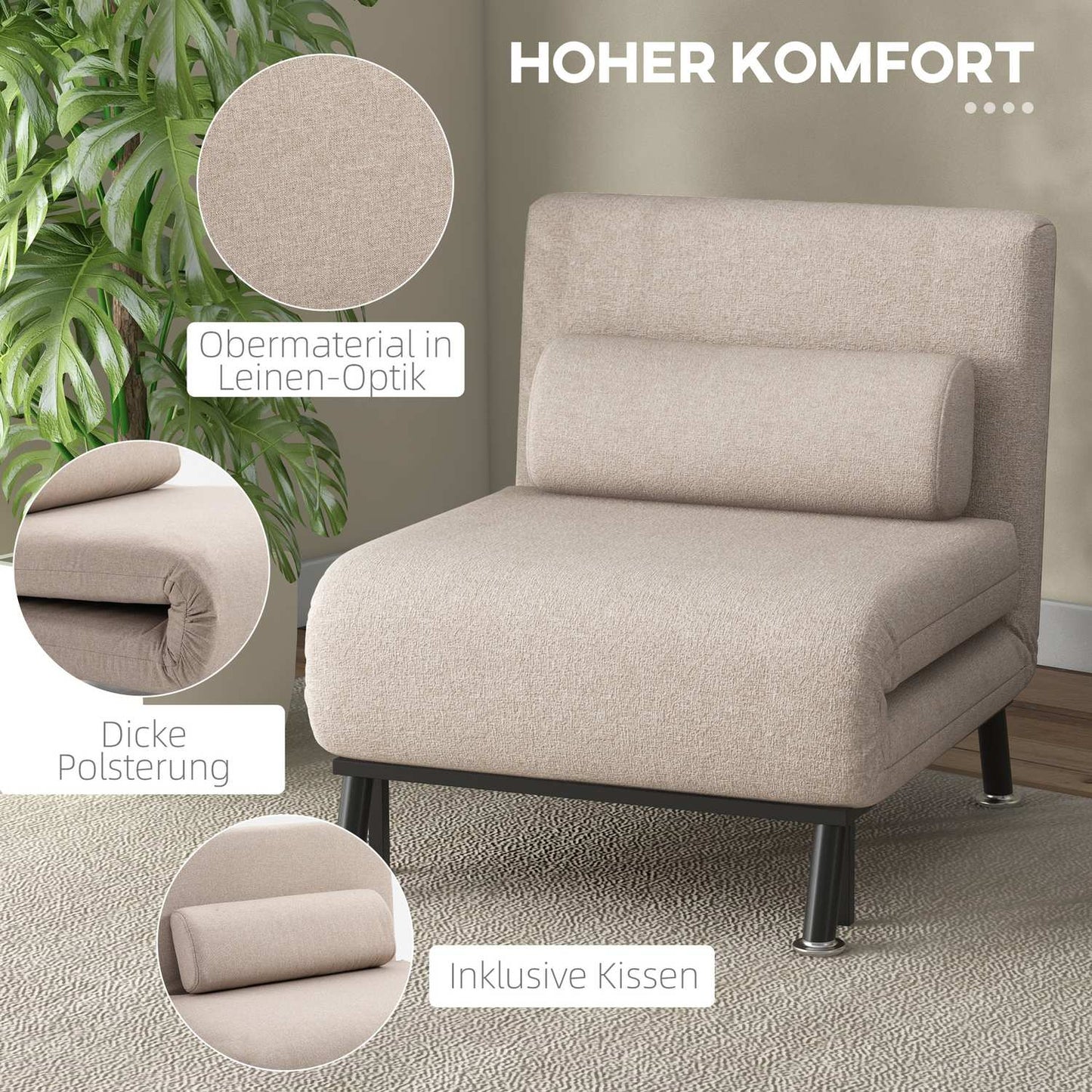 Folding sleeper, adjustable linen, beige, 150 kg capacity