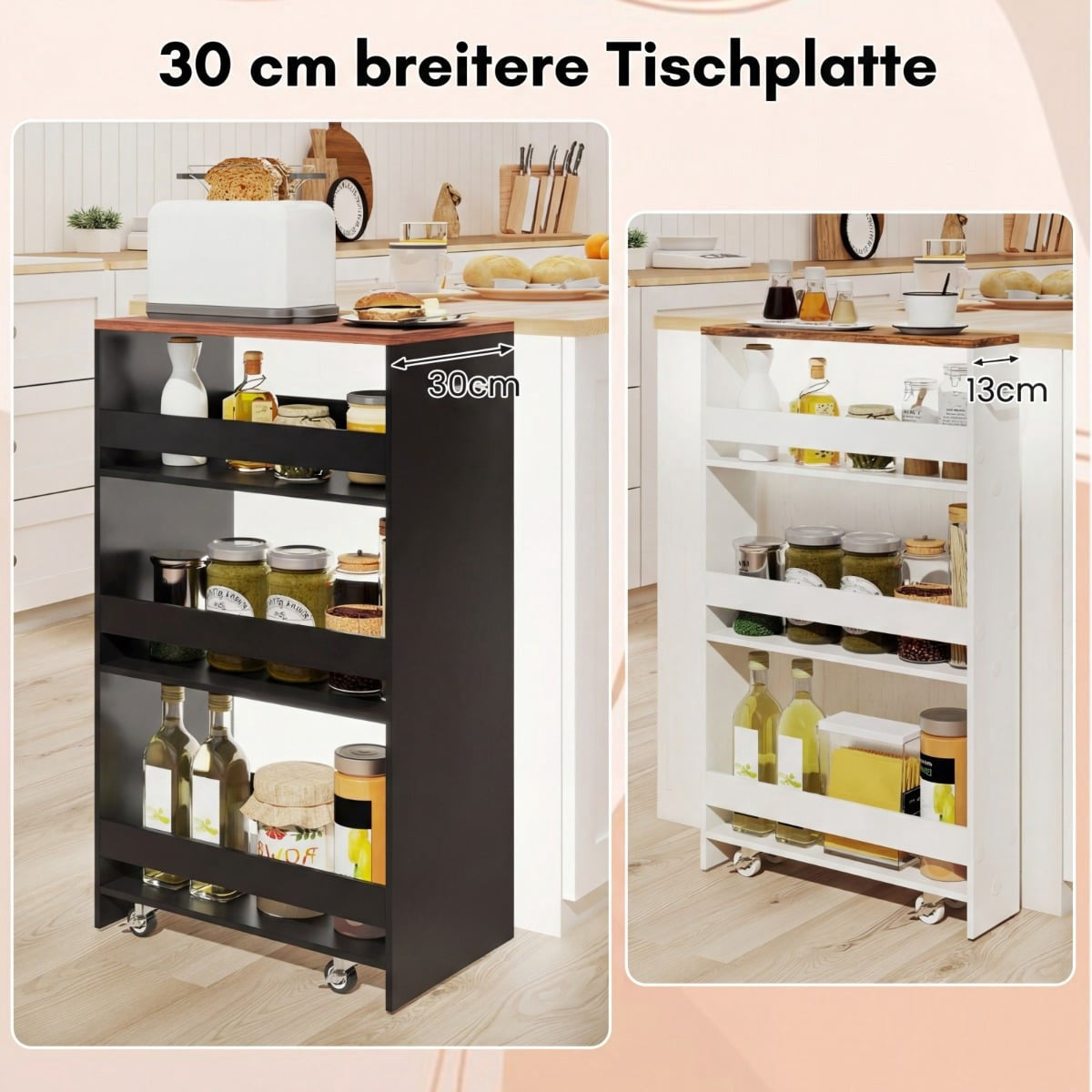 Slim 4-Tier Rolling Kitchen Cart with Handle, Black/Vintage
