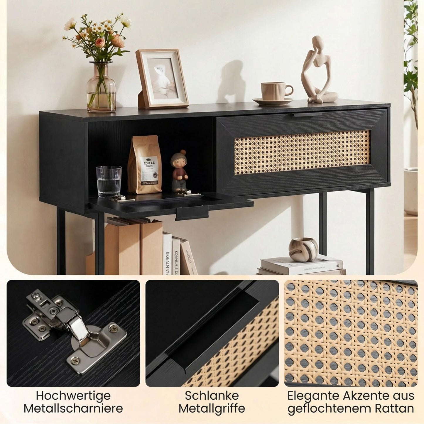 Slim Black Console Table with 2 Shelves & Rattan Design