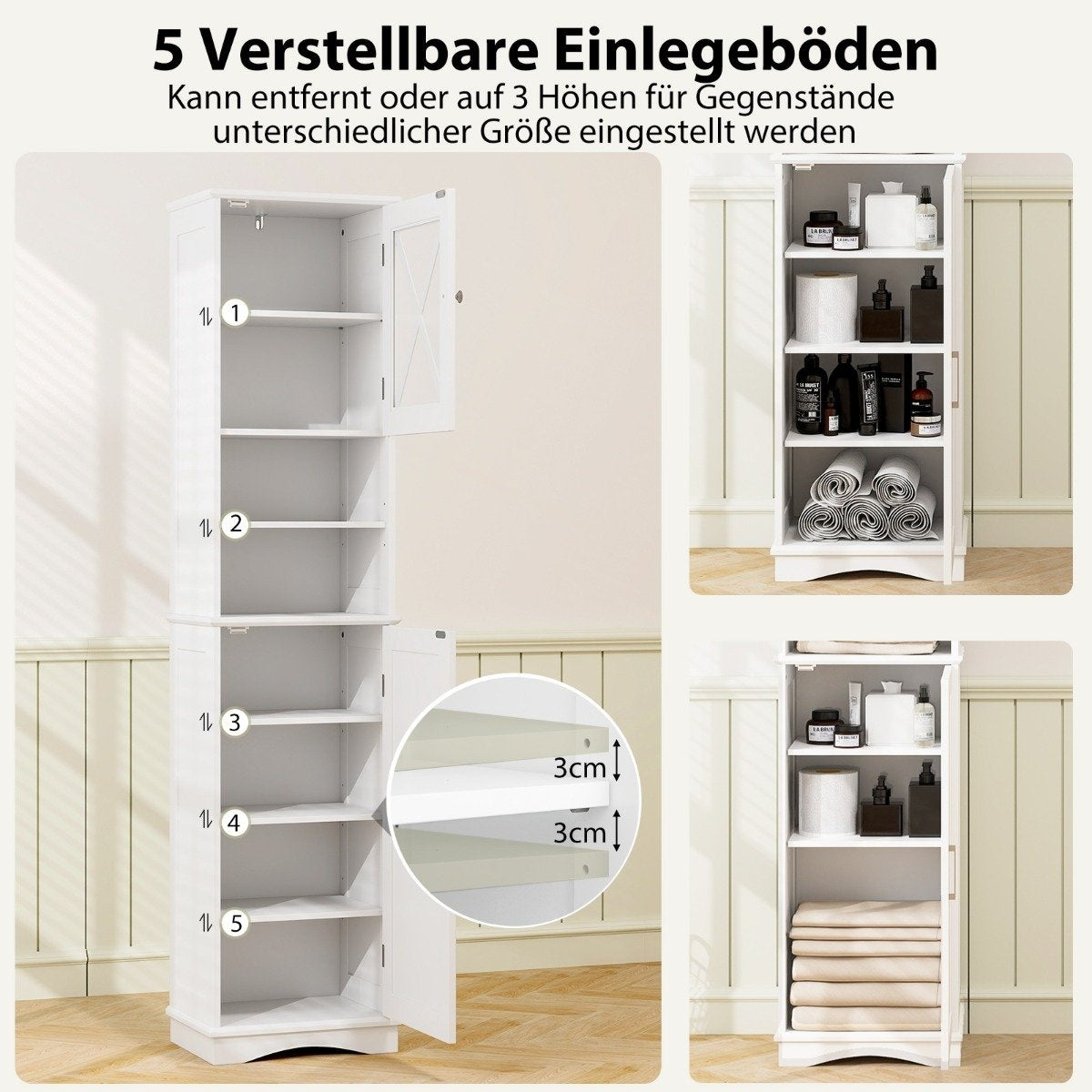 Slim bathroom cabinet with 5 adjustable shelves & 2 doors, freestanding tall cabinet, white