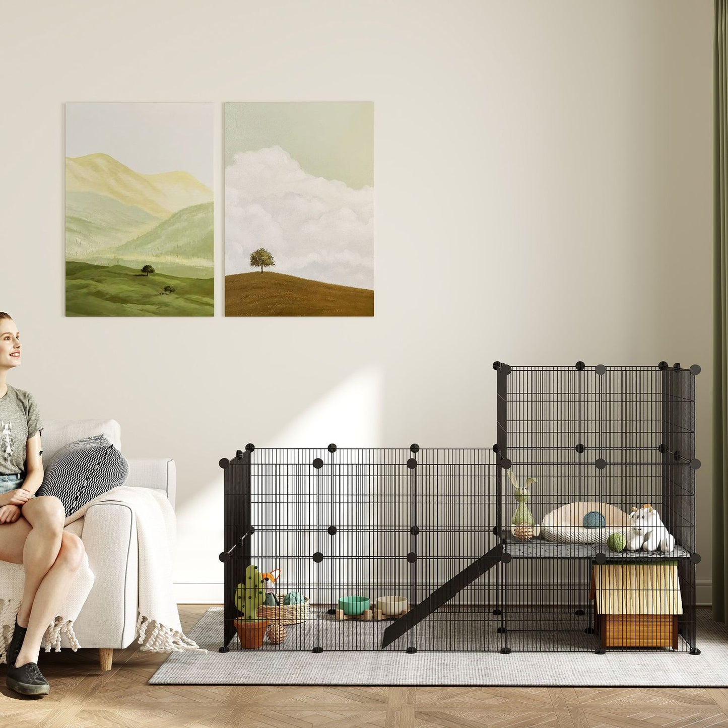 Outdoor small animal cage with ramp, 39 panels, 140x70x105 cm