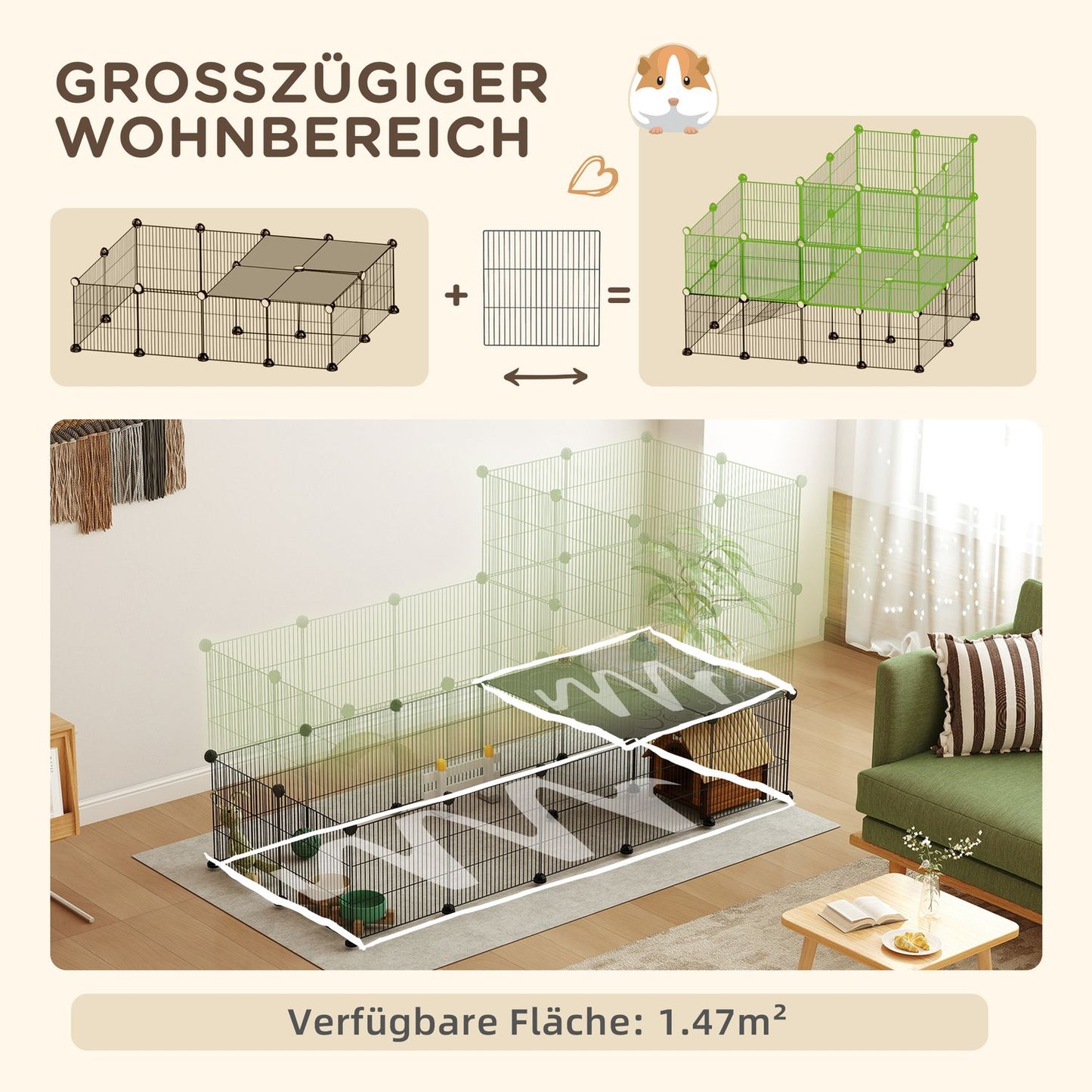 Outdoor small animal cage with ramp, 39 panels, 140x70x105 cm