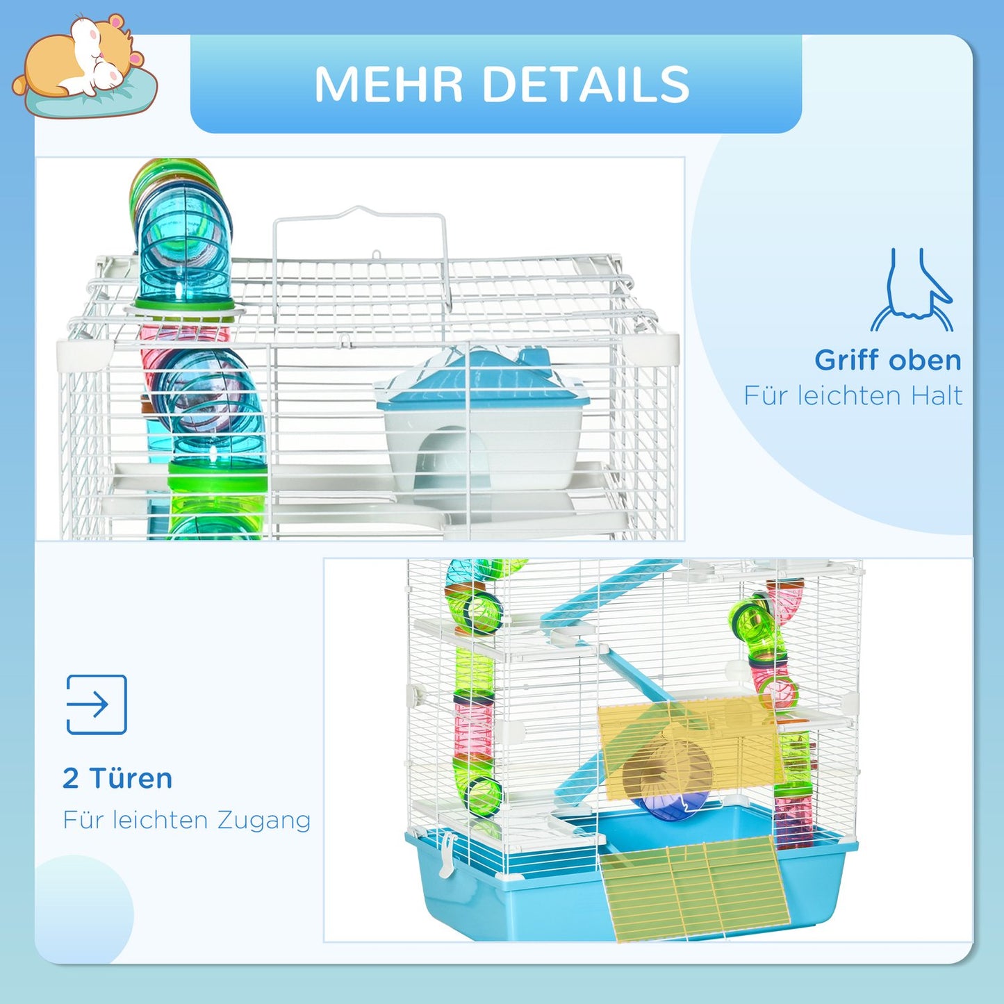 Small animal cage with ramp, running wheels, 59x36x69 cm