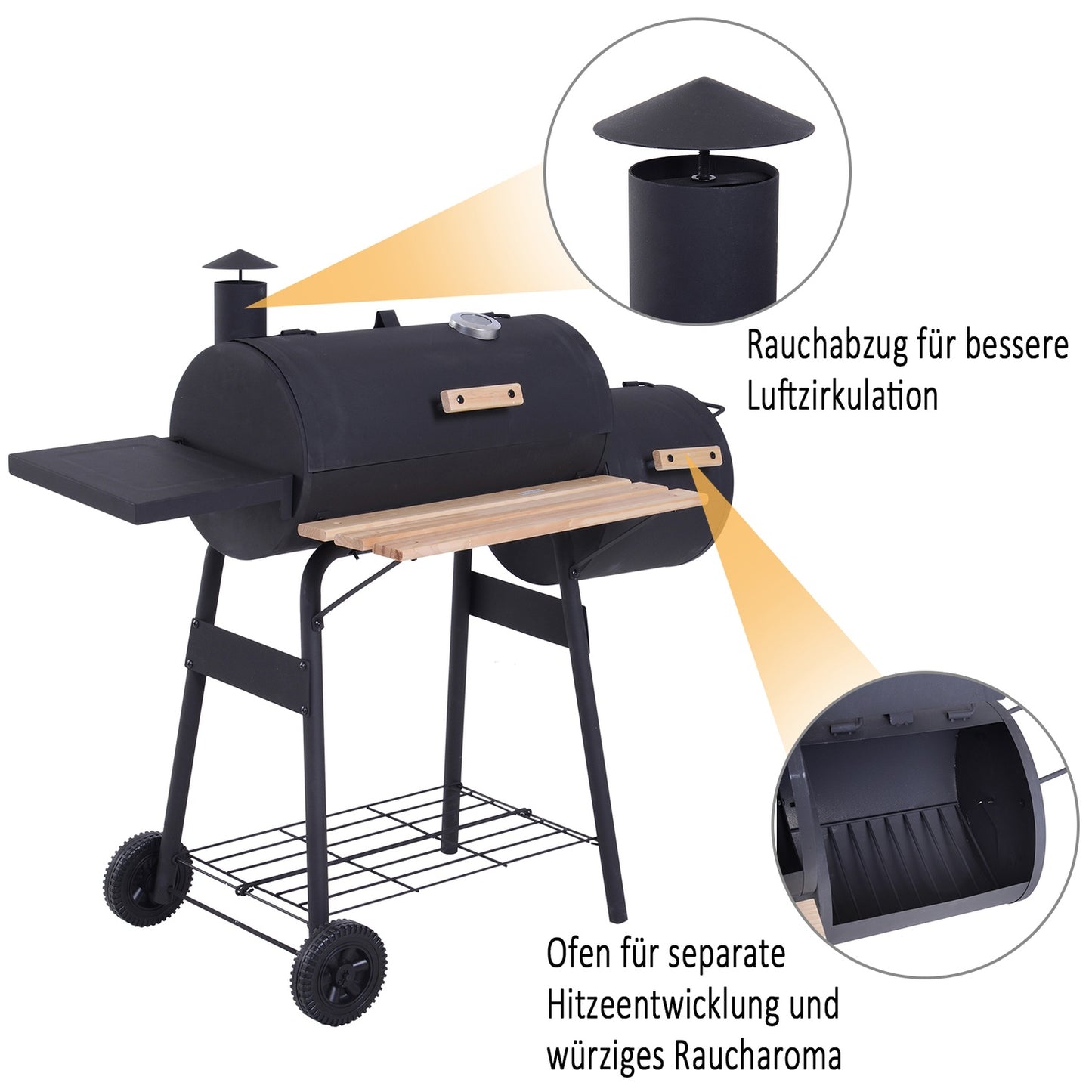 Charcoal grill with smoker and double chambers