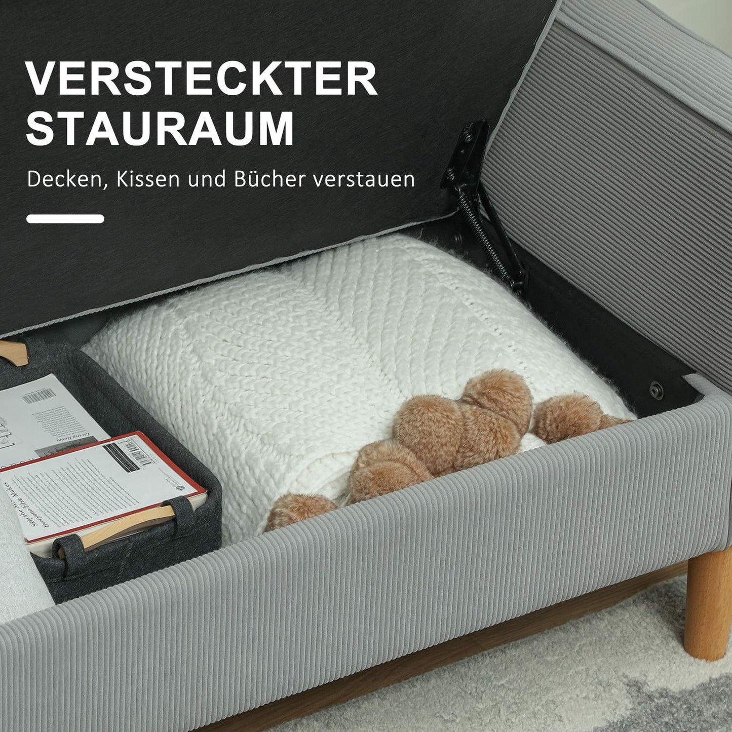Small 2-seater sofa with storage, corduroy look, light grey