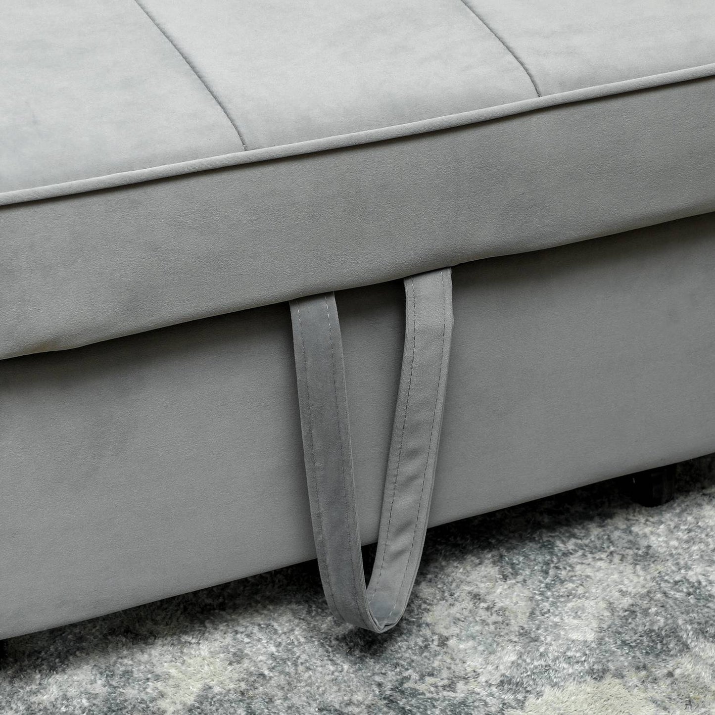 Gray velvet look L-shaped sofa bed with storage, cushions