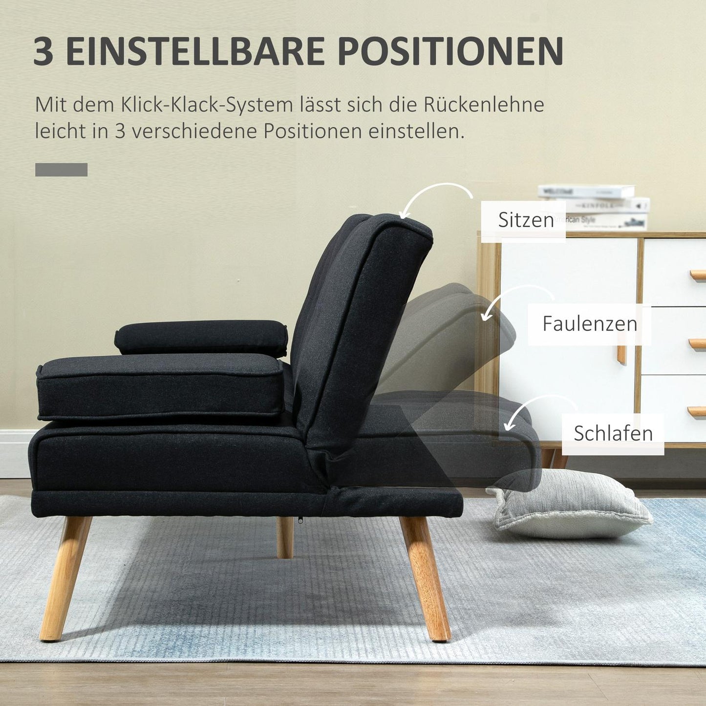 Sofa bed, 3-seater with folding table & cup holder, grey
