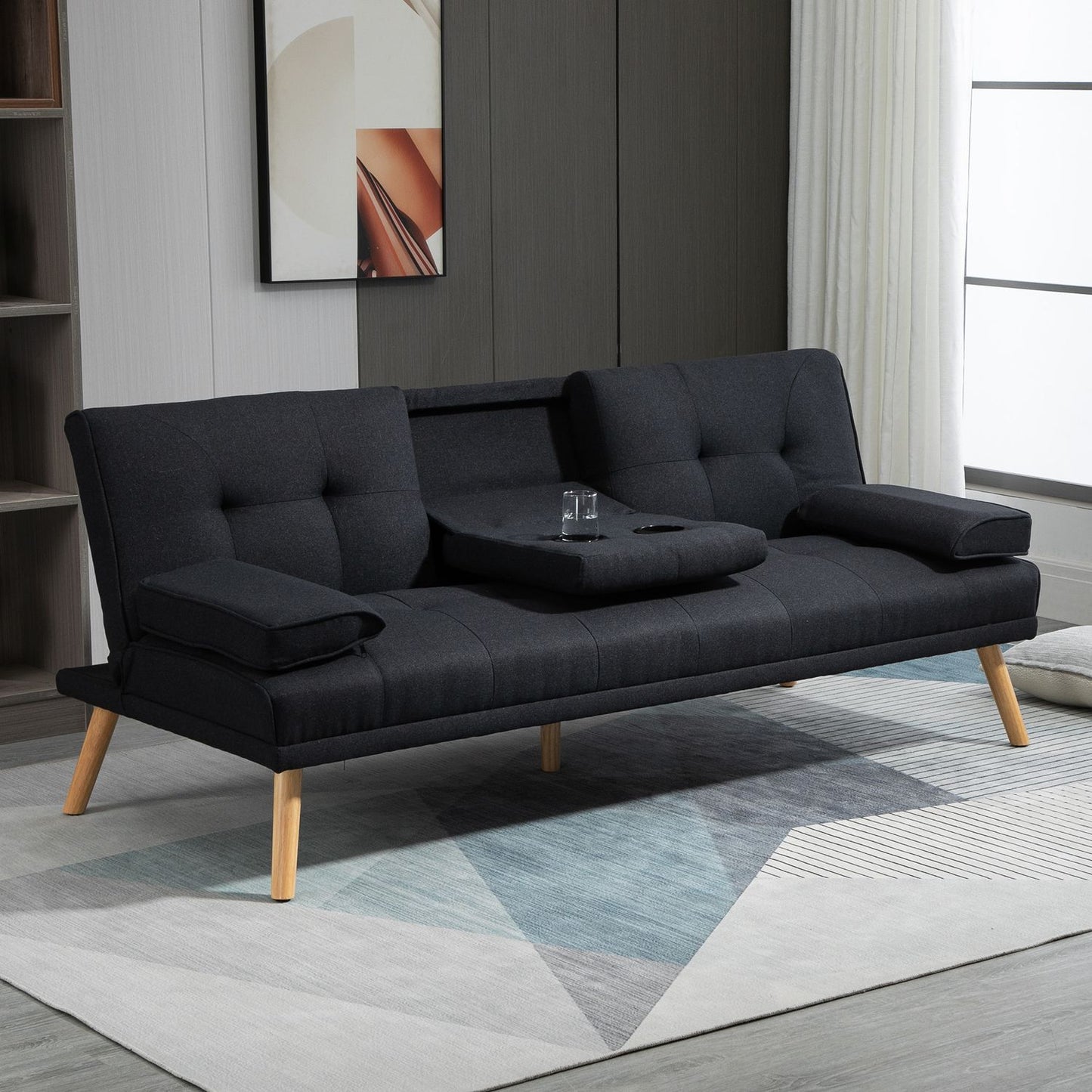 Sofa bed, 3-seater with folding table & cup holder, grey