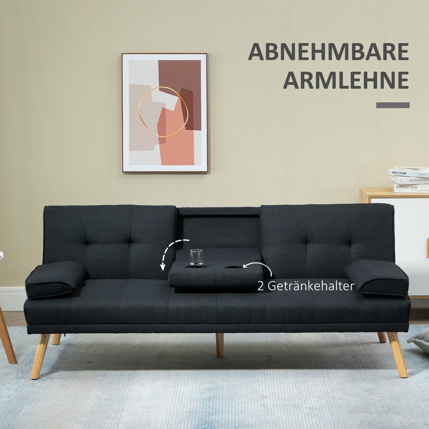 Sofa bed, 3-seater with folding table & cup holder, grey