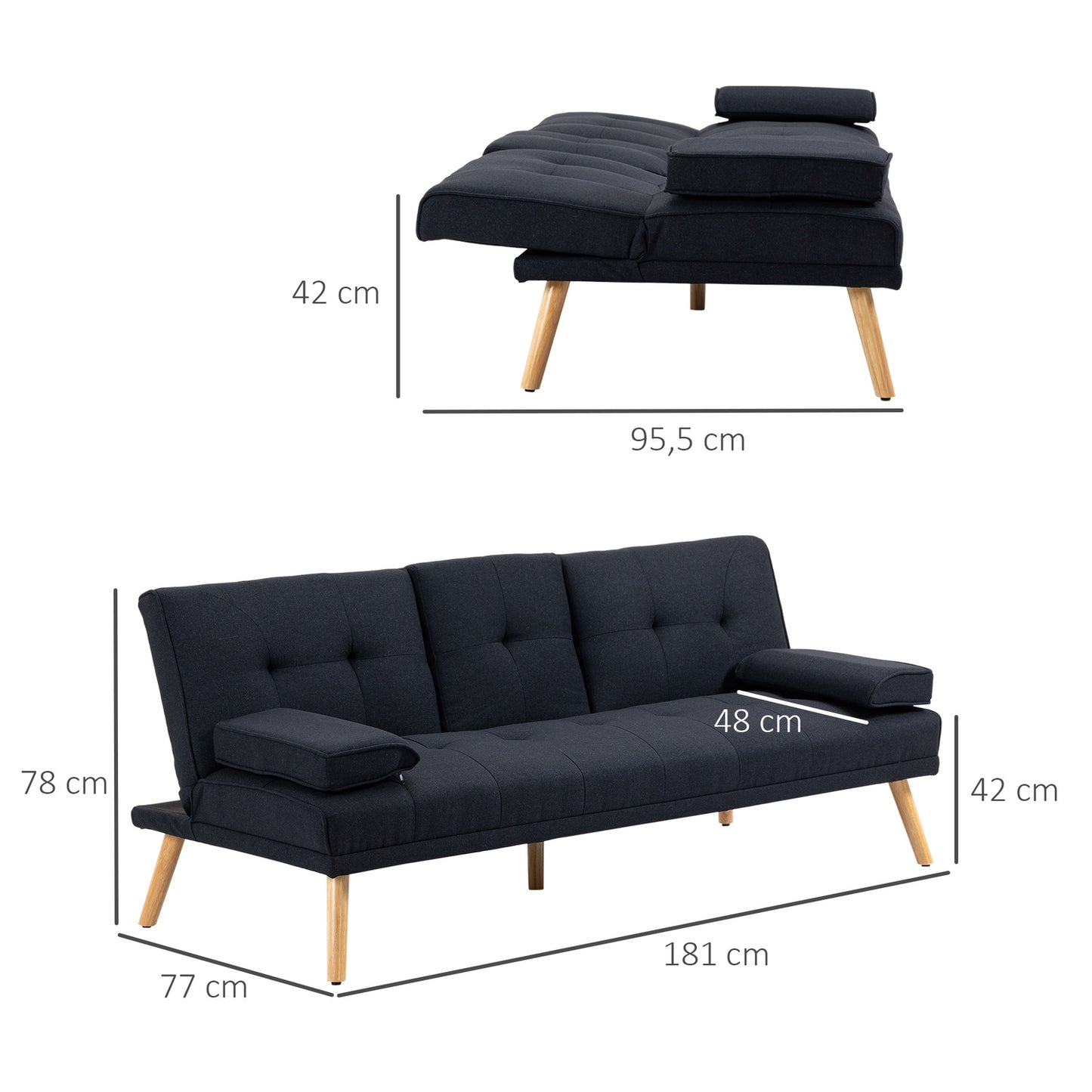 Sofa bed, 3-seater with folding table & cup holder, grey