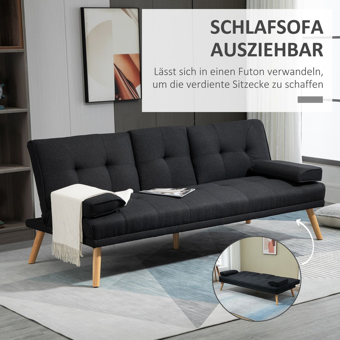 Sofa bed, 3-seater with folding table & cup holder, grey