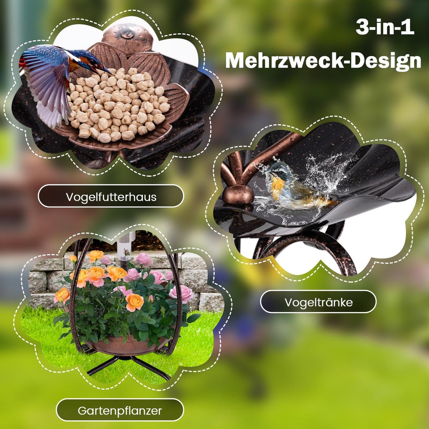 Solar Bird Bath with Feeder & Planter – Bronze Lotus Design
