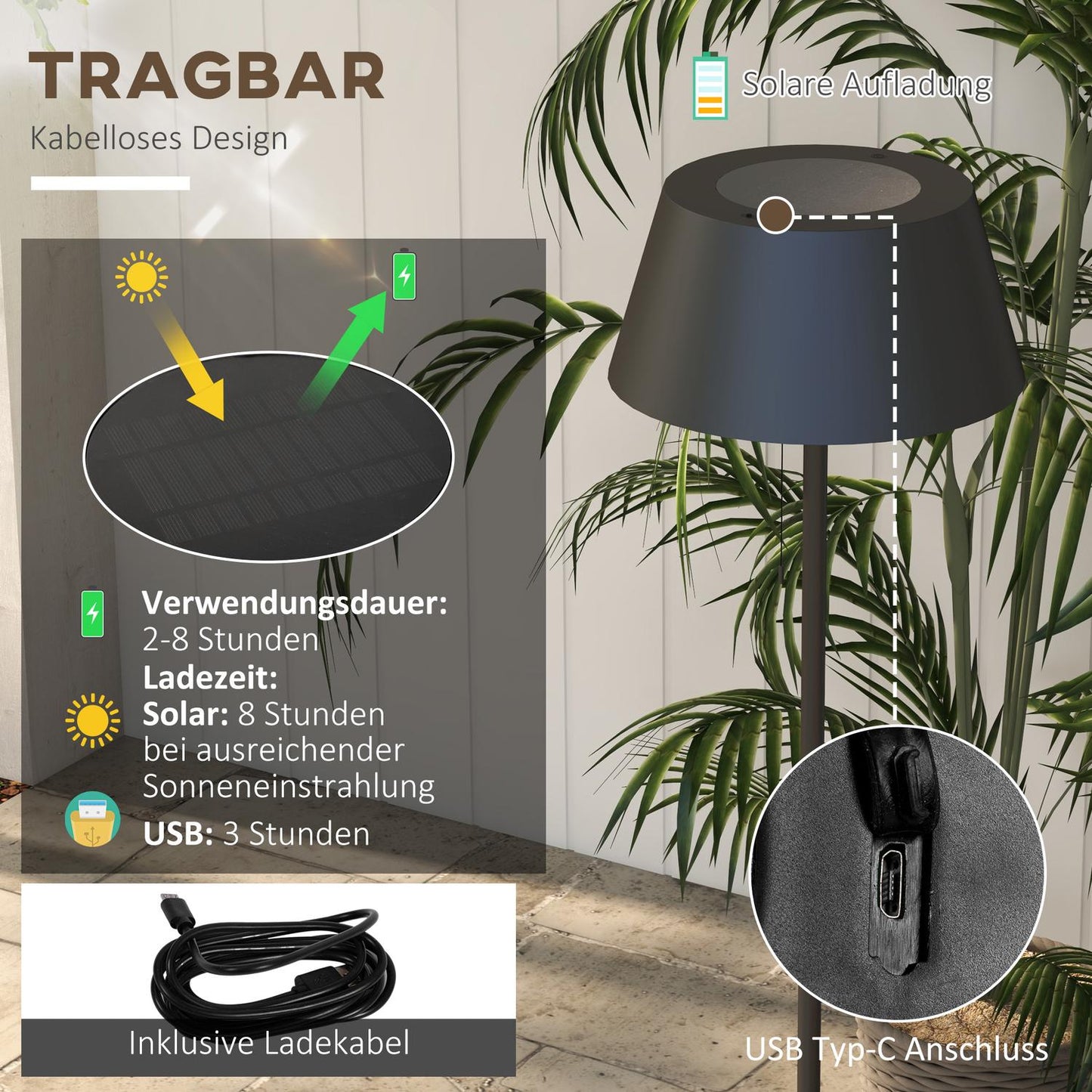 Outdoor solar floor lamp, USB rechargeable, IP44 waterproof