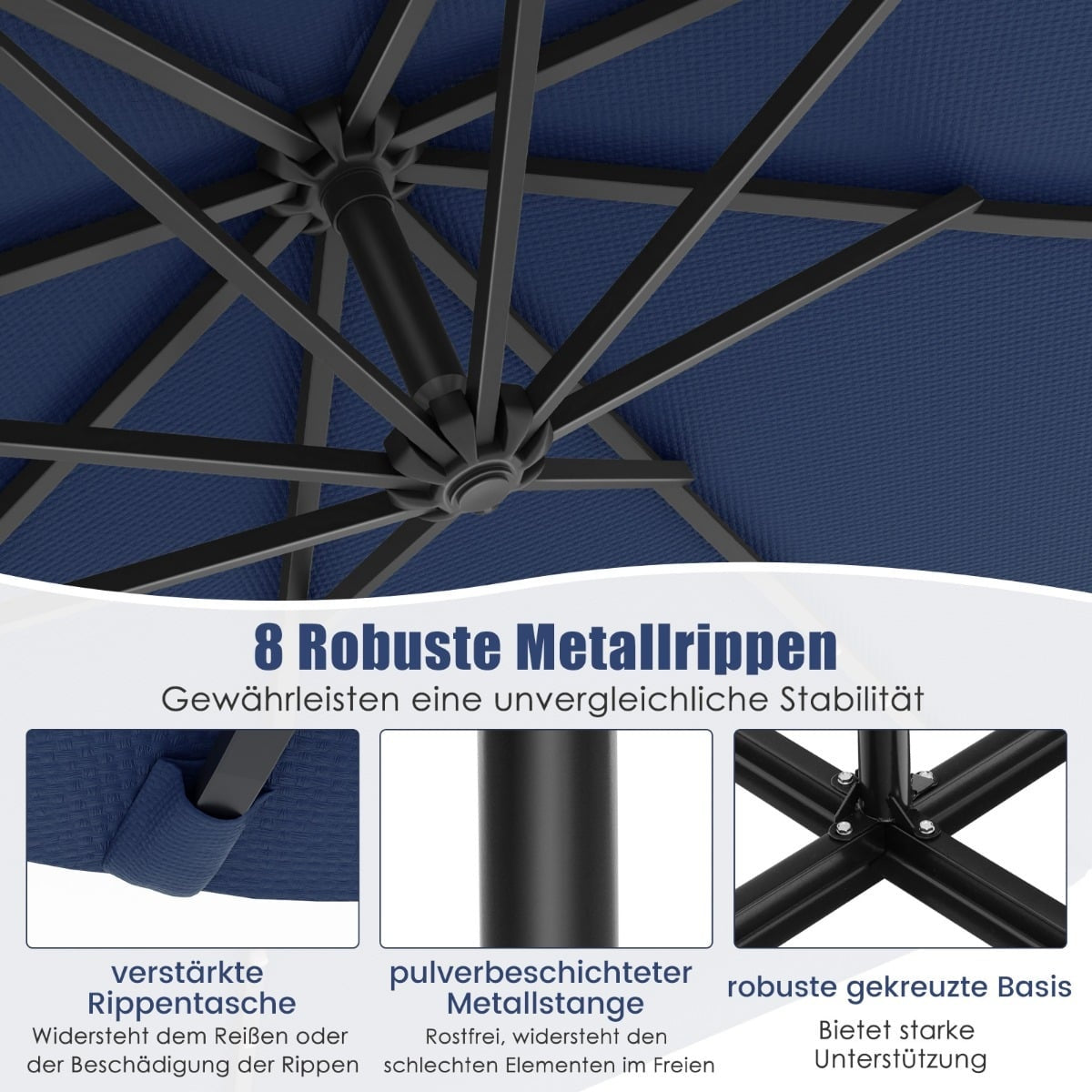 Solar-Powered Patio Umbrella with LED Lights, Navy Blue