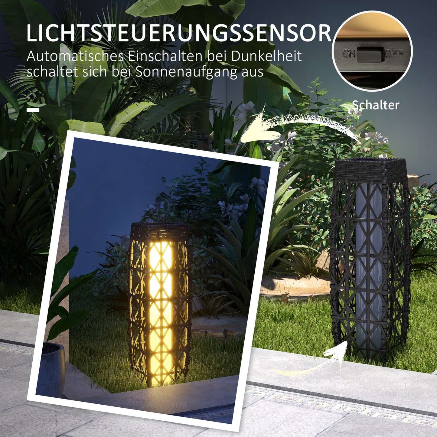 Solar LED garden lamp with rattan & light sensor, grey