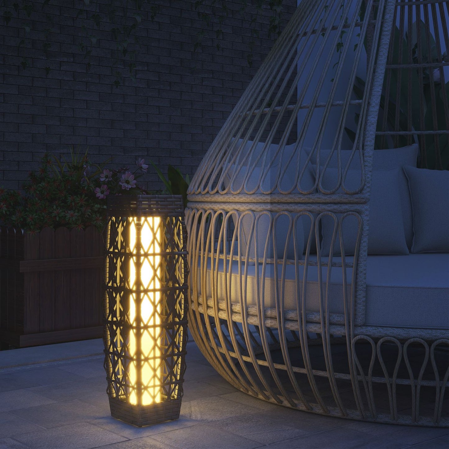 Solar LED garden lamp with rattan & light sensor, grey